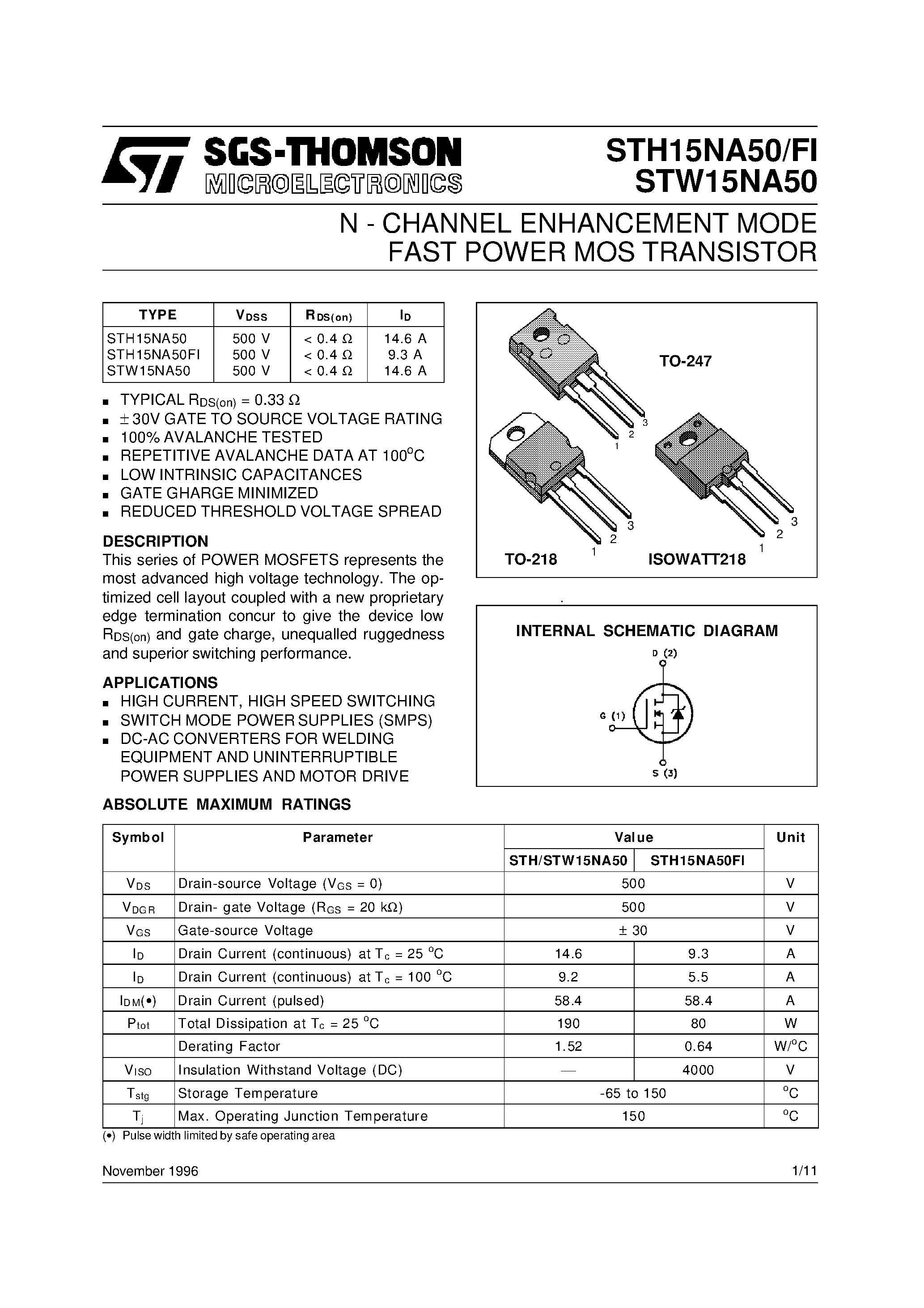 Datasheet STH15NA50 - N-CHANNEL Power MOS MOSFET page 1