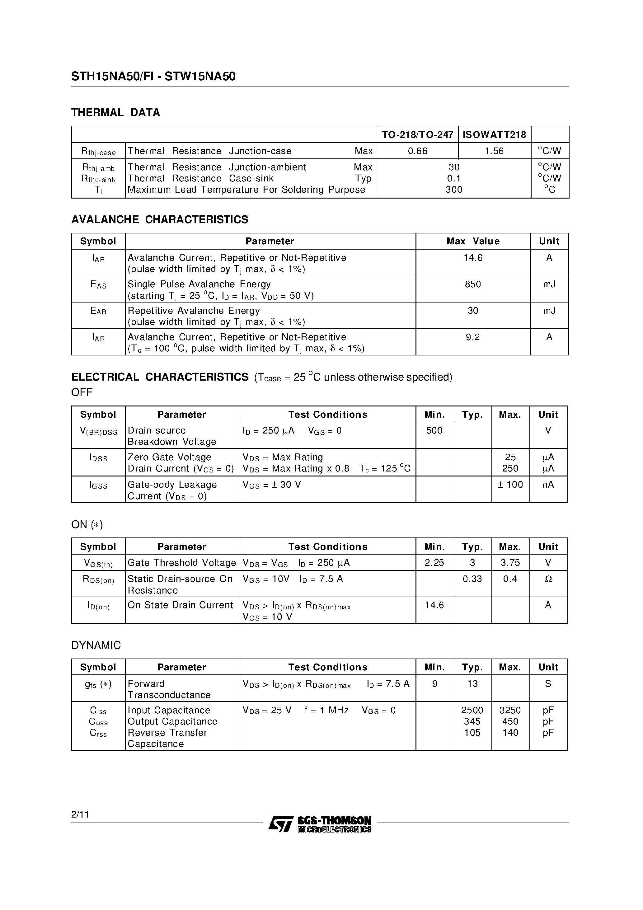 Datasheet STH15NA50 - N-CHANNEL Power MOS MOSFET page 2