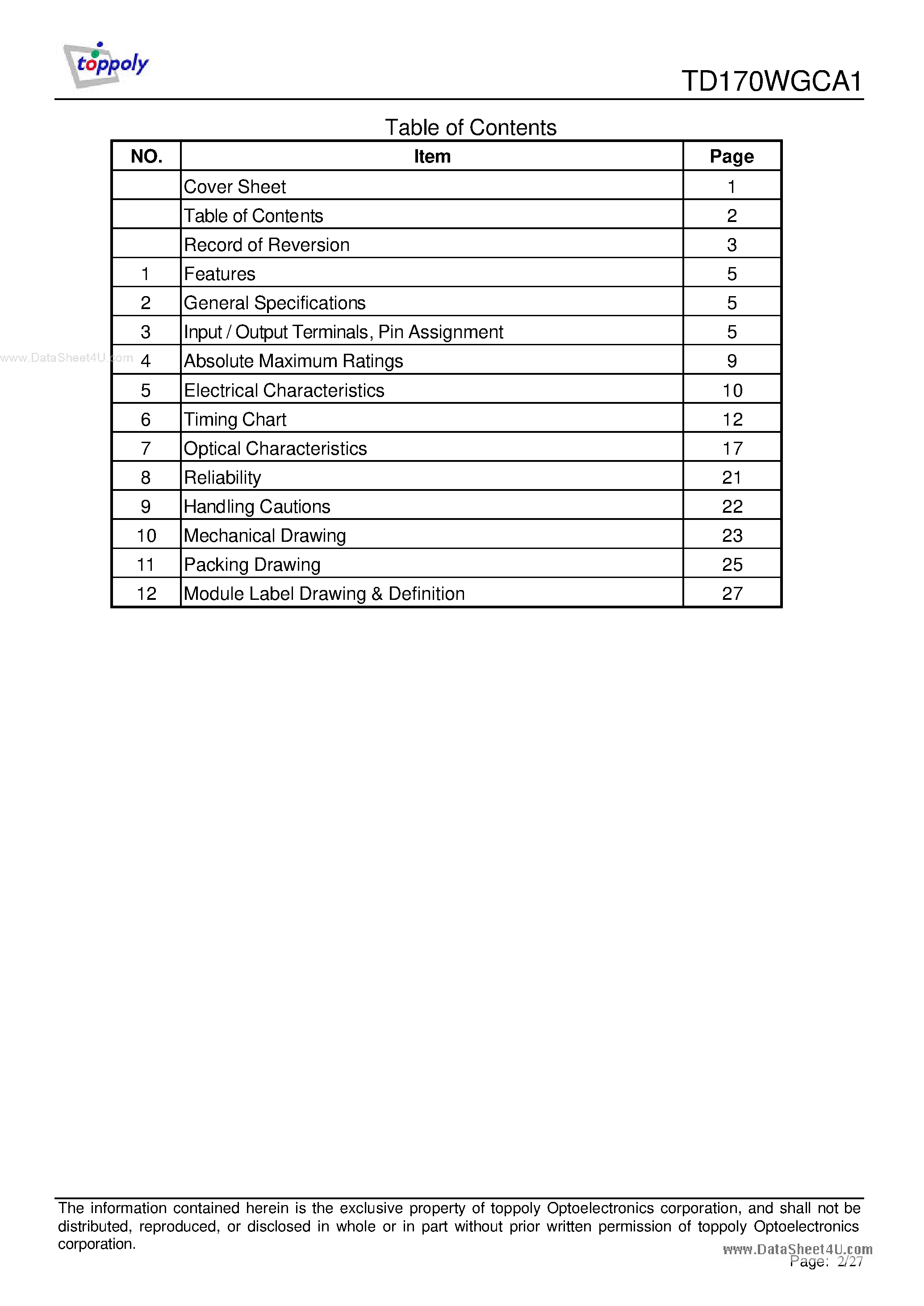 Datasheet TD170WGCA1 page 2 Datasheet TD170WGCA1 - TFT LCD page 2