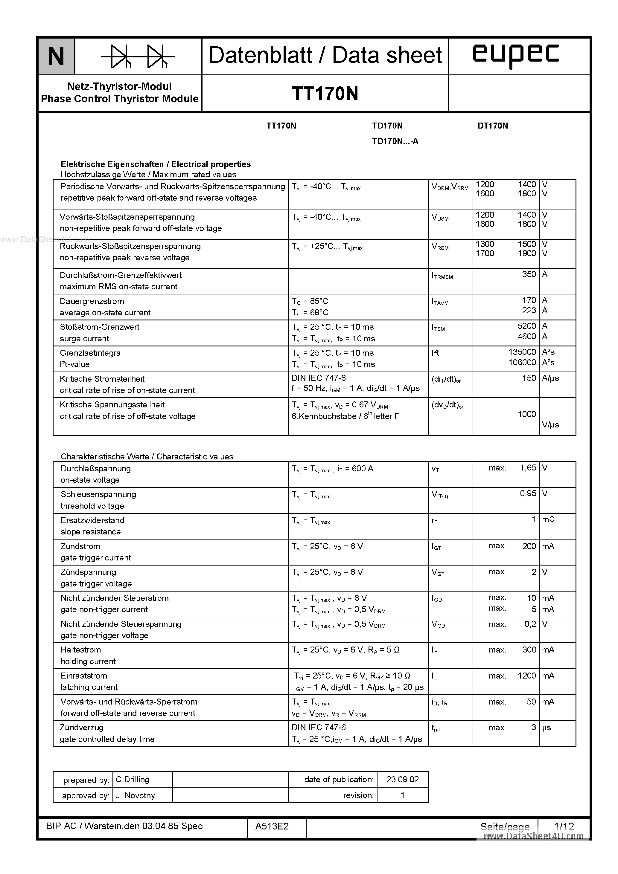 Datasheet TD170N page 1 Datasheet TD170N - Diode Modules page 1