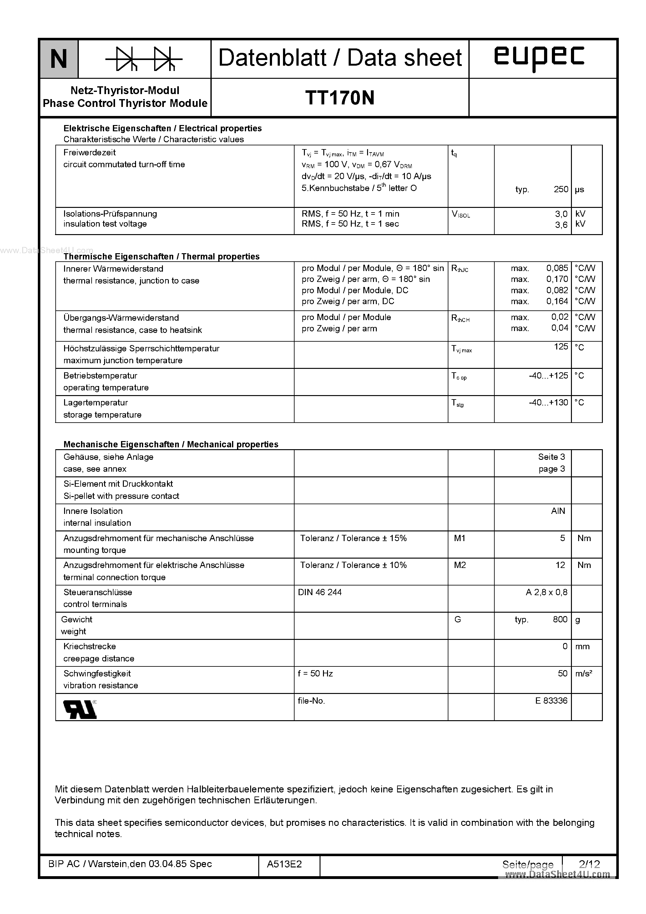 Datasheet TD170N page 2 Datasheet TD170N - Diode Modules page 2