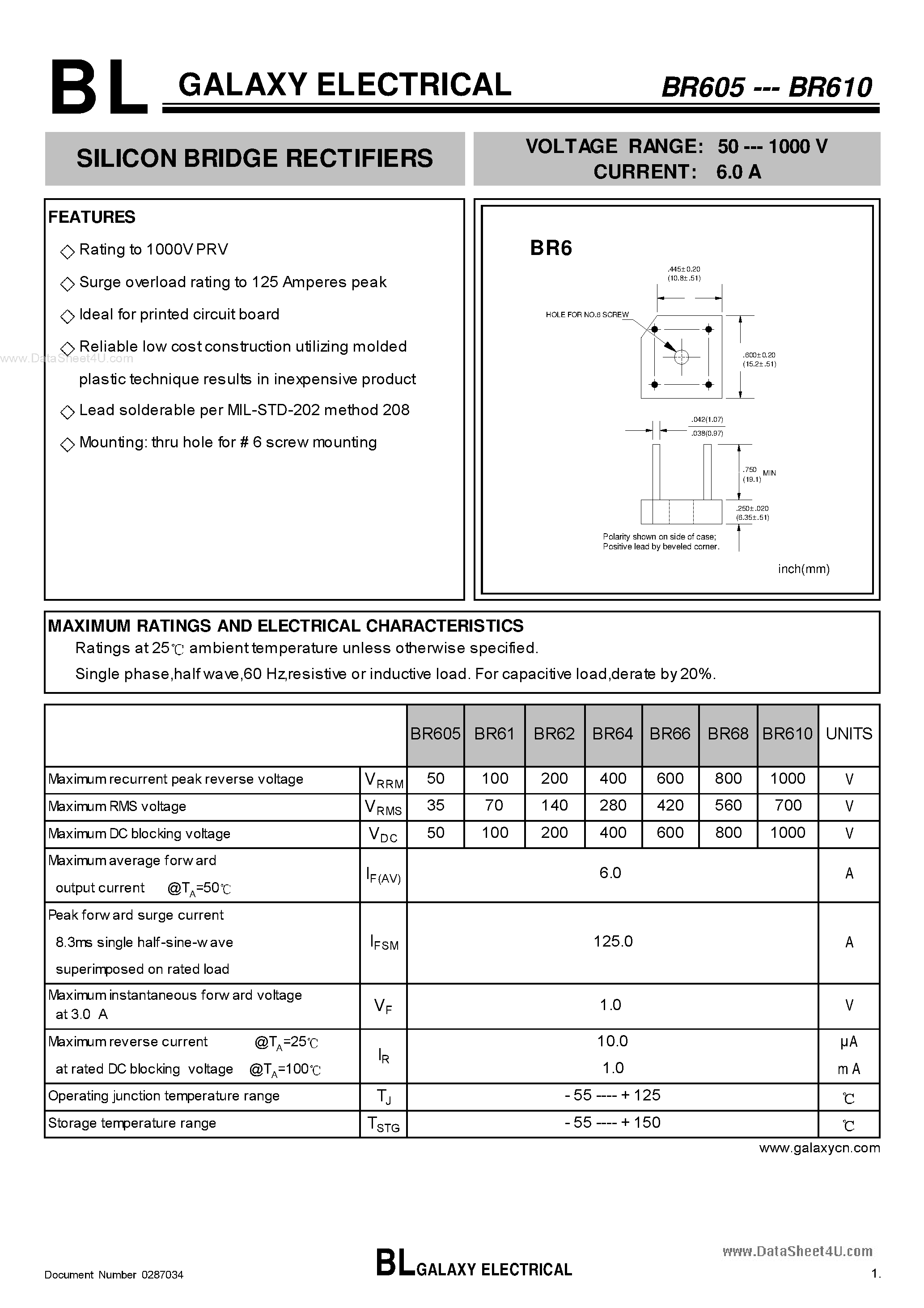 Datasheet BR605 page 1 Datasheet BR605 - (BR6xx) SILICON BRIDGE RECTIFIERS page 1