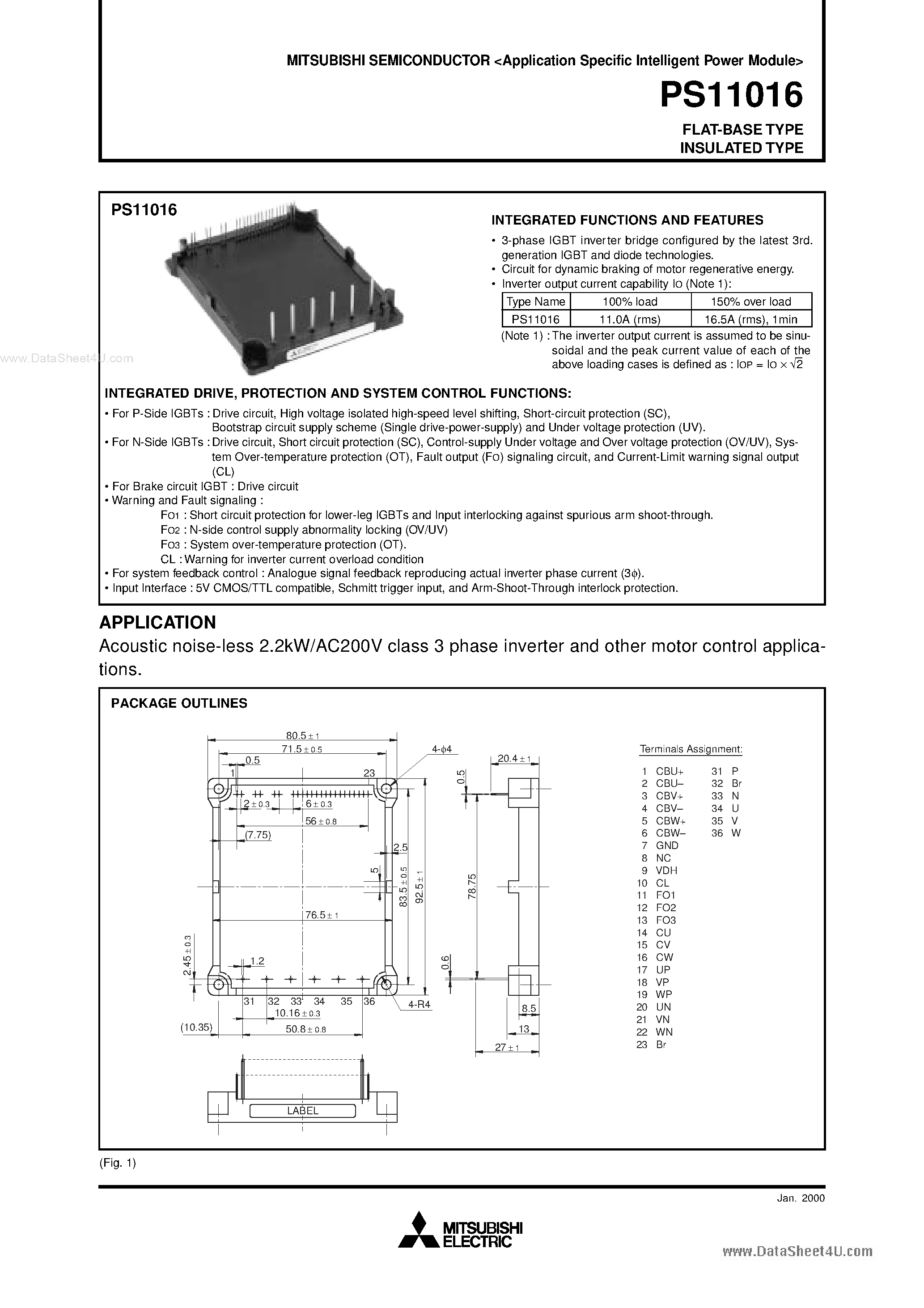 Datasheet PS11016 - Acoustic noise-less 2.2kW/AC200V class 3 phase inverter and other motor control applications page 1