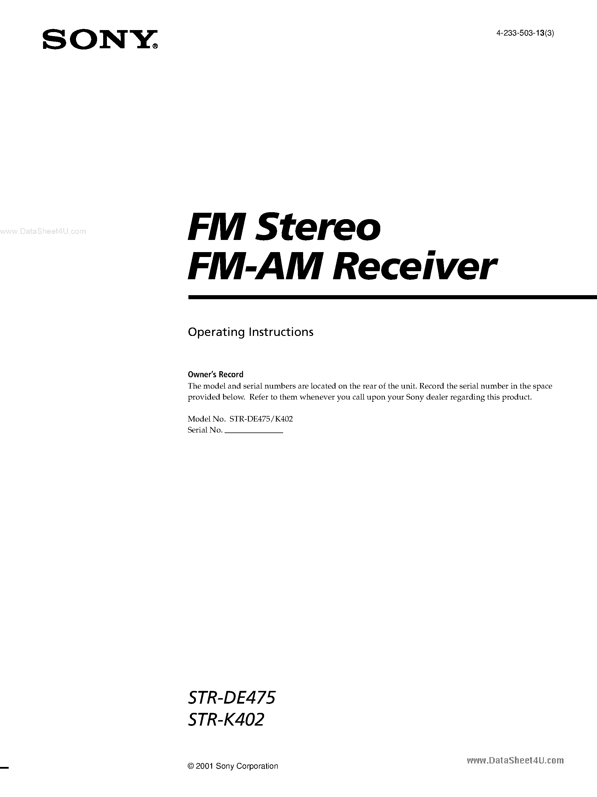 Даташит STR-DE475 - (STR-DE475 / STR-K402) FM Stereo страница 1