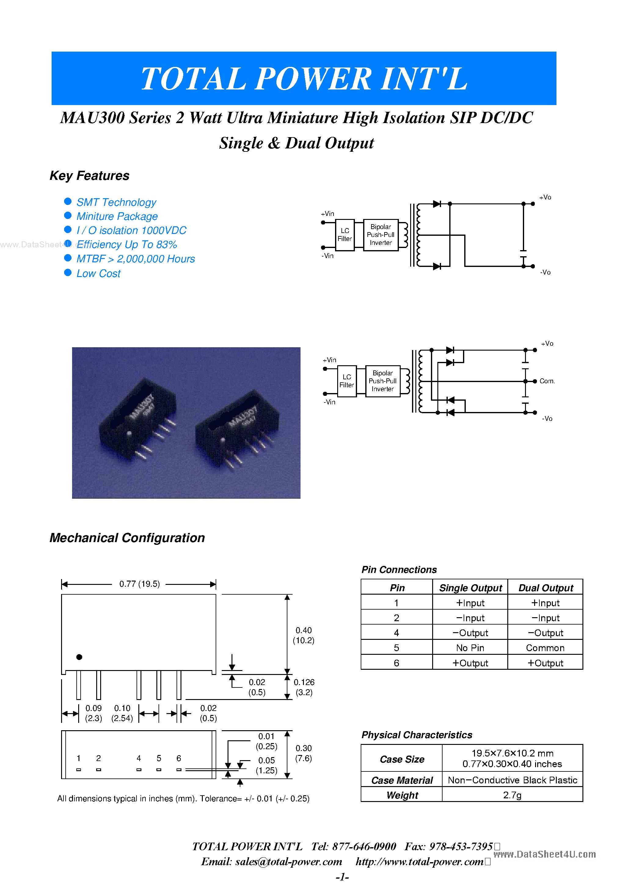 Datasheet MAU300 - 2 Watt Ultra Miniature High Isolation SIP DC/DC Single & Dual Output page 1