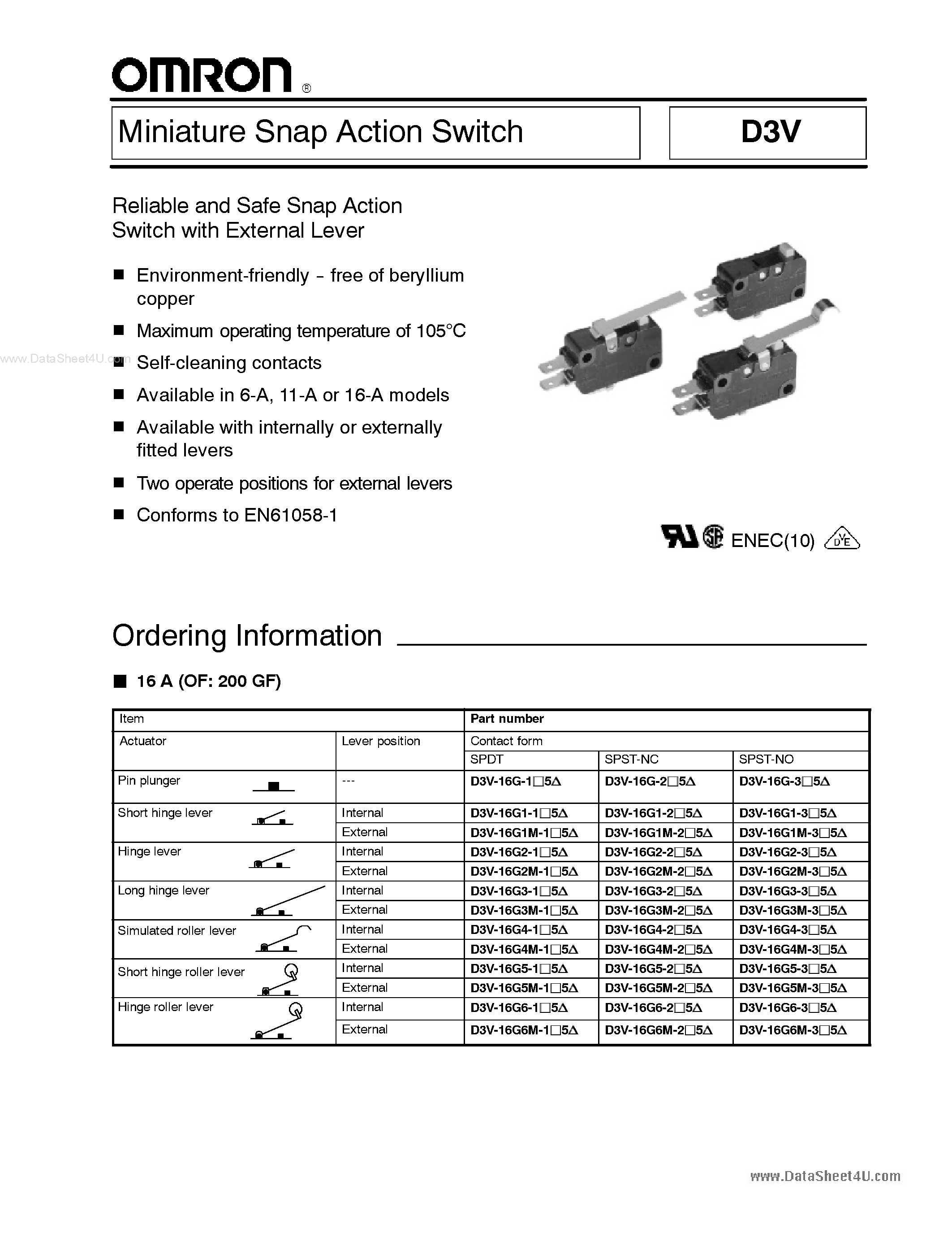 Даташит D3V-16Gxx - Miniature Snap Action Switch страница 1