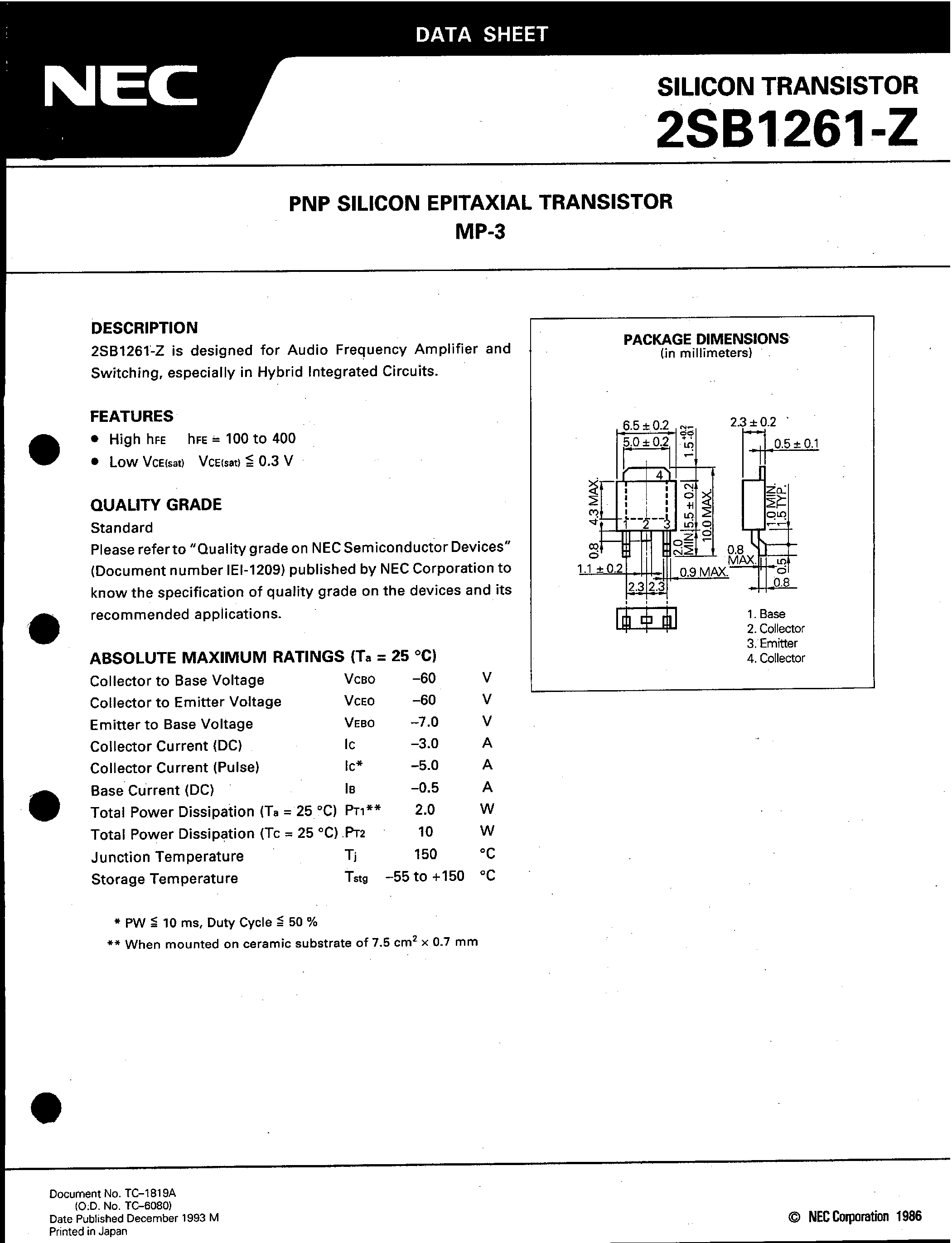Datasheet B1261-Z page 1 Datasheet B1261-Z - Search -----> 2SB1261-Z page 1