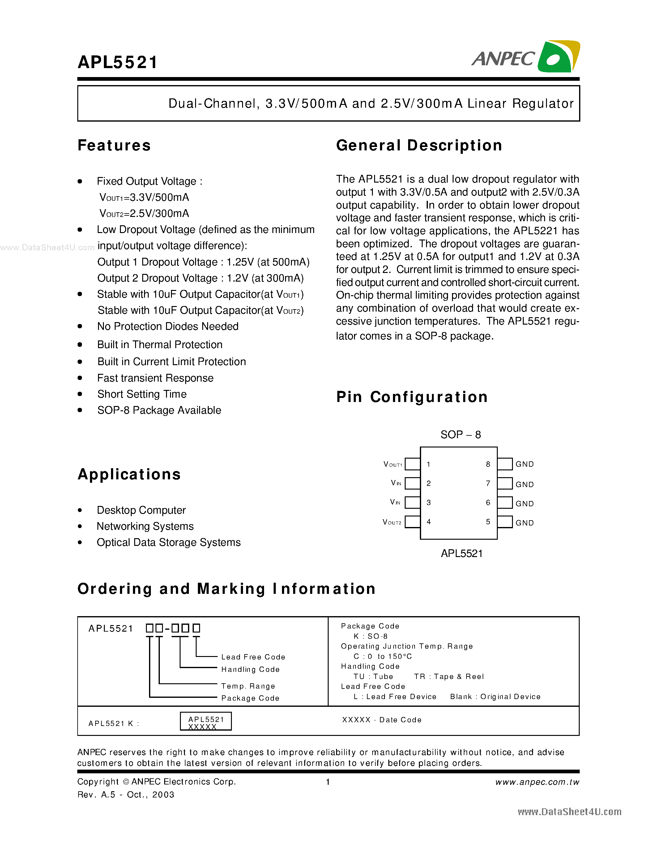 Datasheet APL5521 - 3.3V/500mA and 2.5V/300mA Linear Regulator page 1