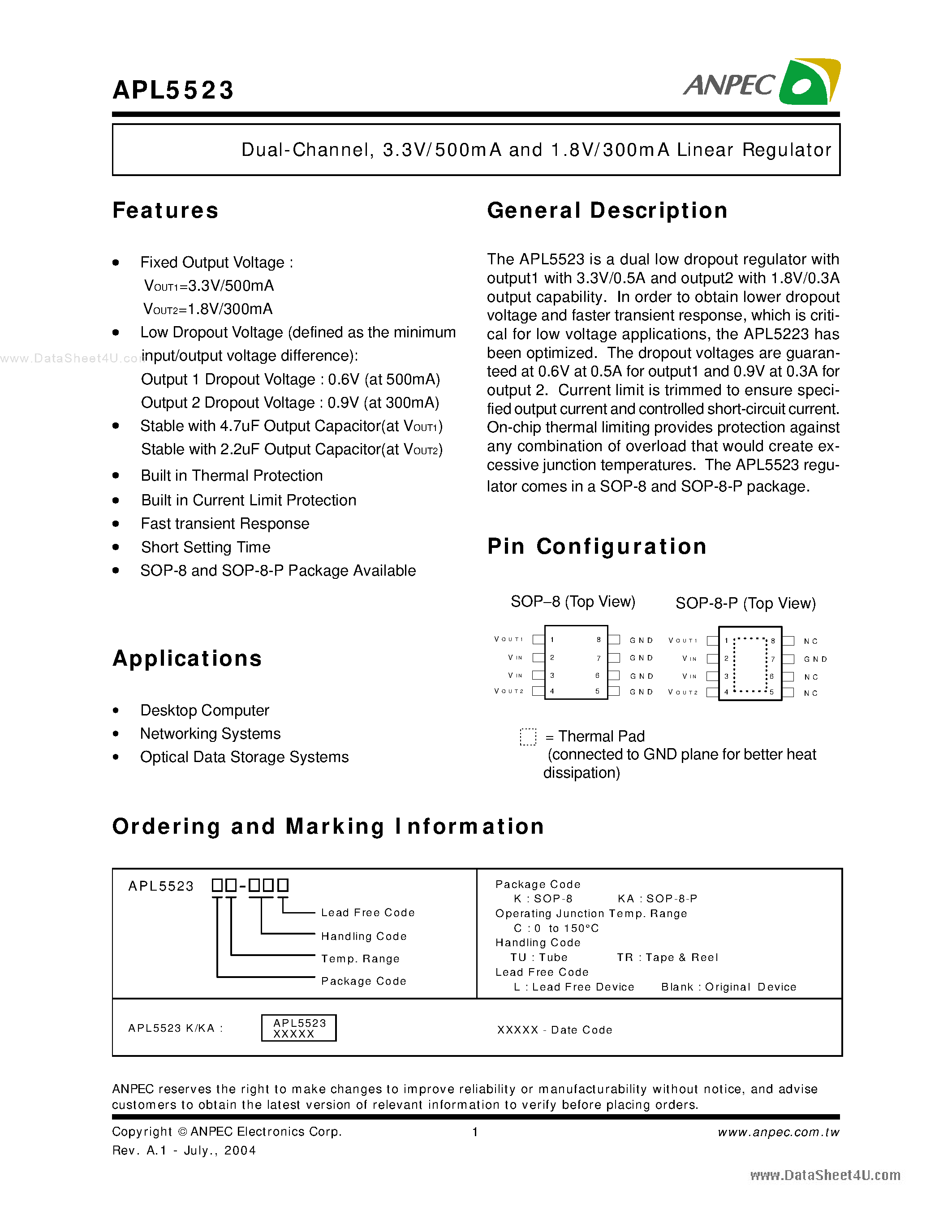 Datasheet APL5523 page 1 Datasheet APL5523 - 3.3V/500mA and 1.8V/300mA Linear Regulator page 1