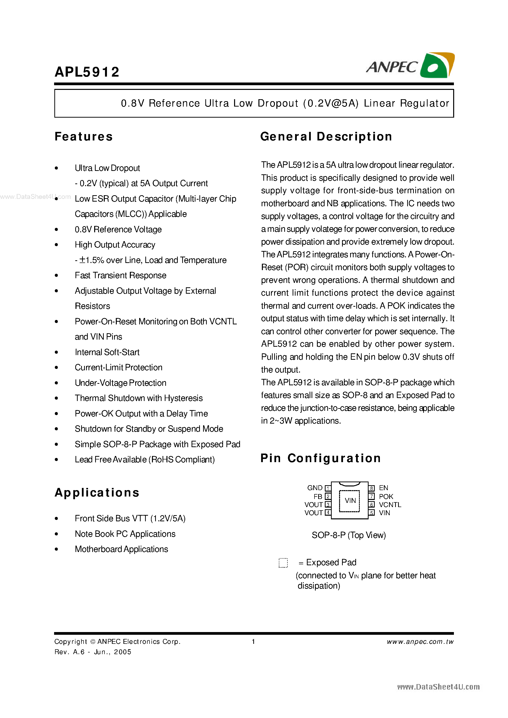 Datasheet APL5912 page 1 Datasheet APL5912 - 0.8V Reference Ultra Low Dropout Linear Regulator page 1