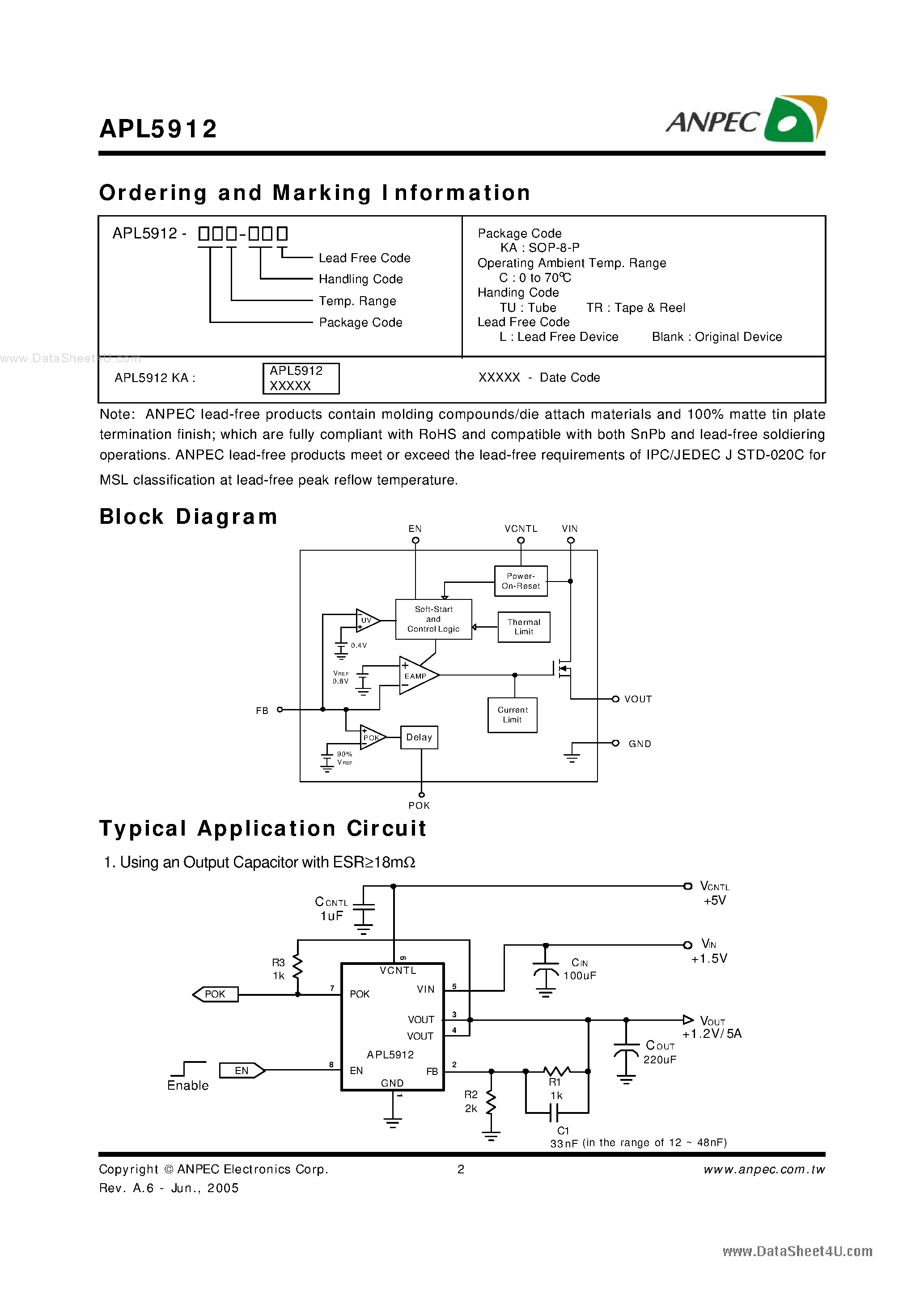 Datasheet APL5912 page 2 Datasheet APL5912 - 0.8V Reference Ultra Low Dropout Linear Regulator page 2