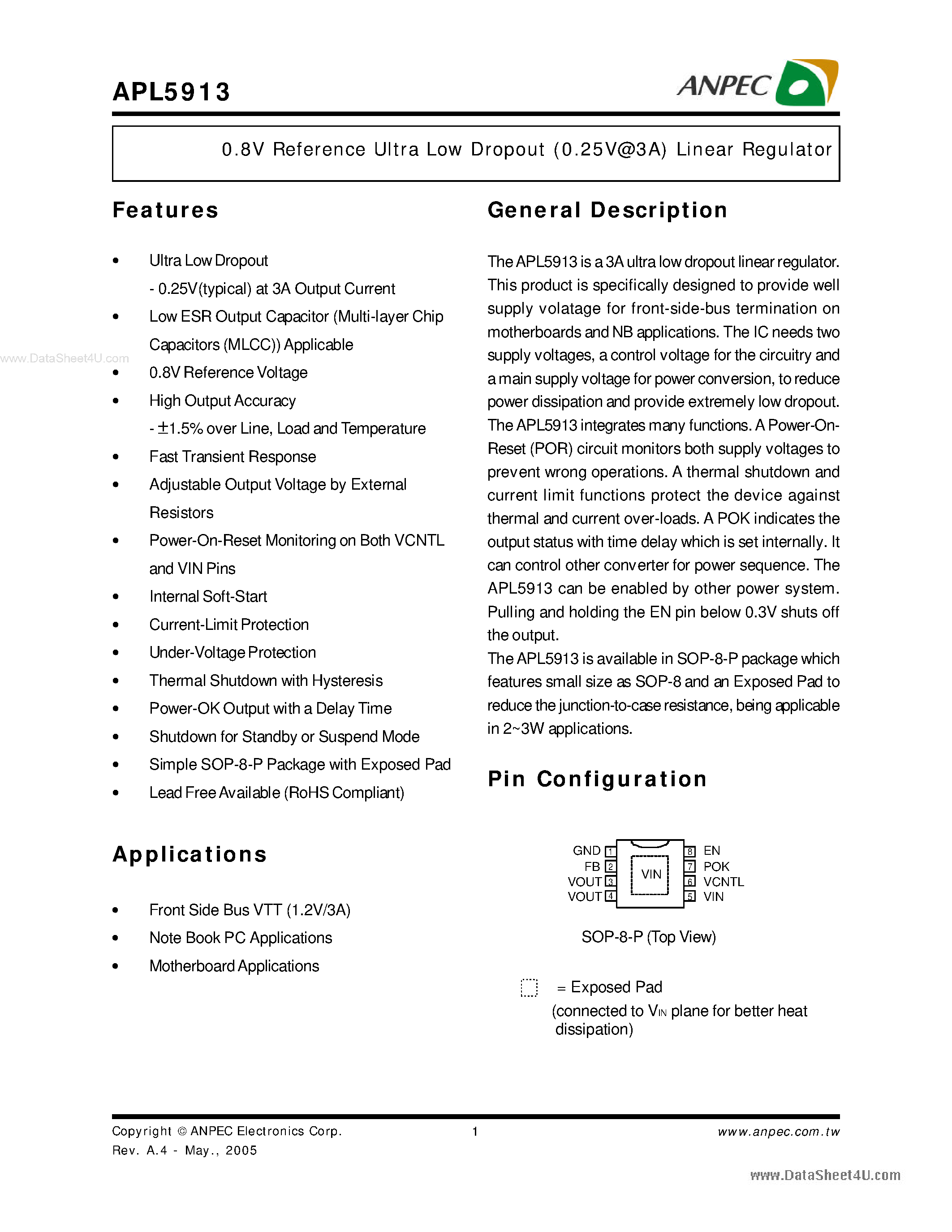 Datasheet APL5913 page 1 Datasheet APL5913 - 0.8V Reference Ultra Low Dropout Linear Regulator page 1