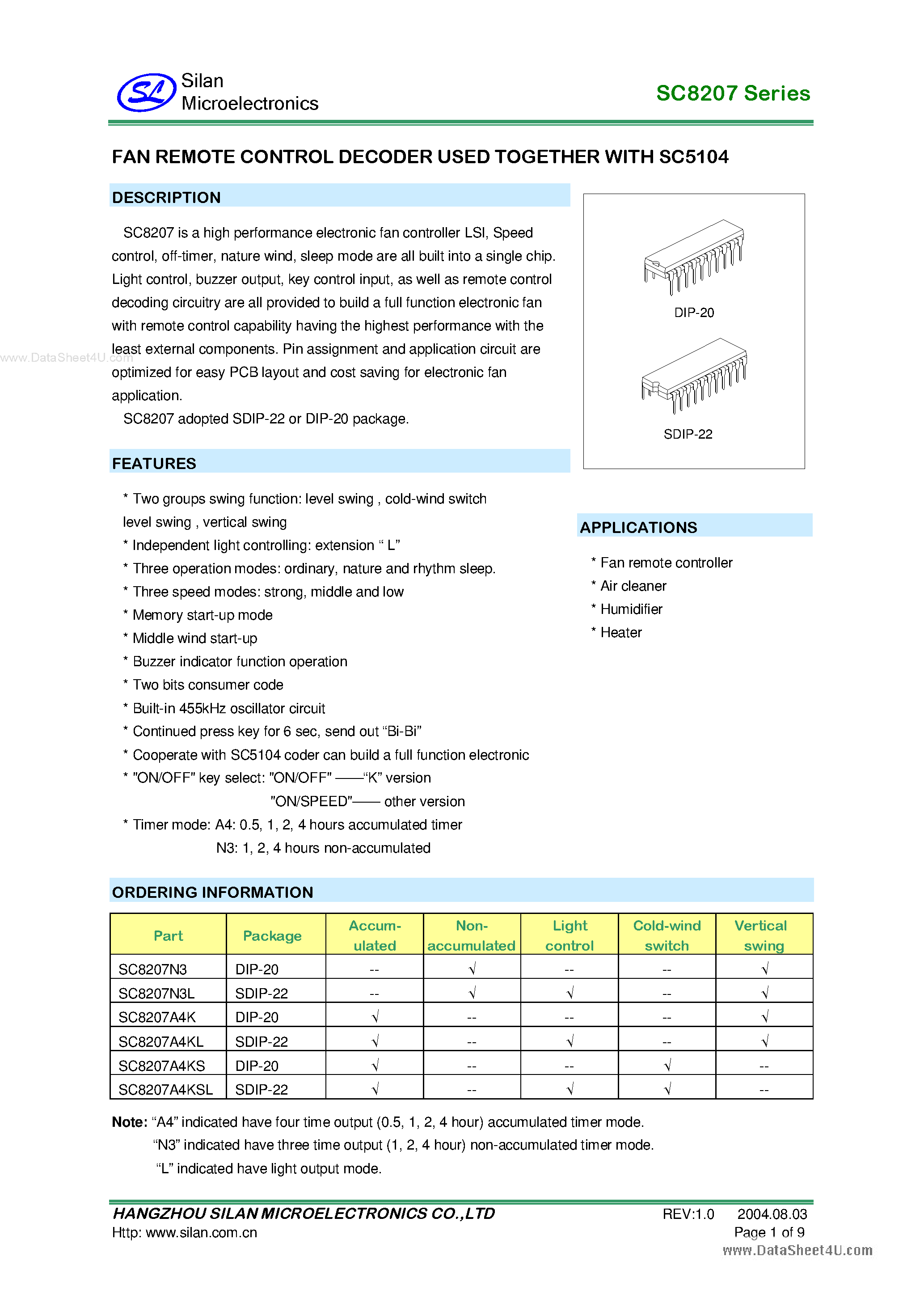 Datasheet SC8207 - Fan Remote Control Decoder Used Together page 1