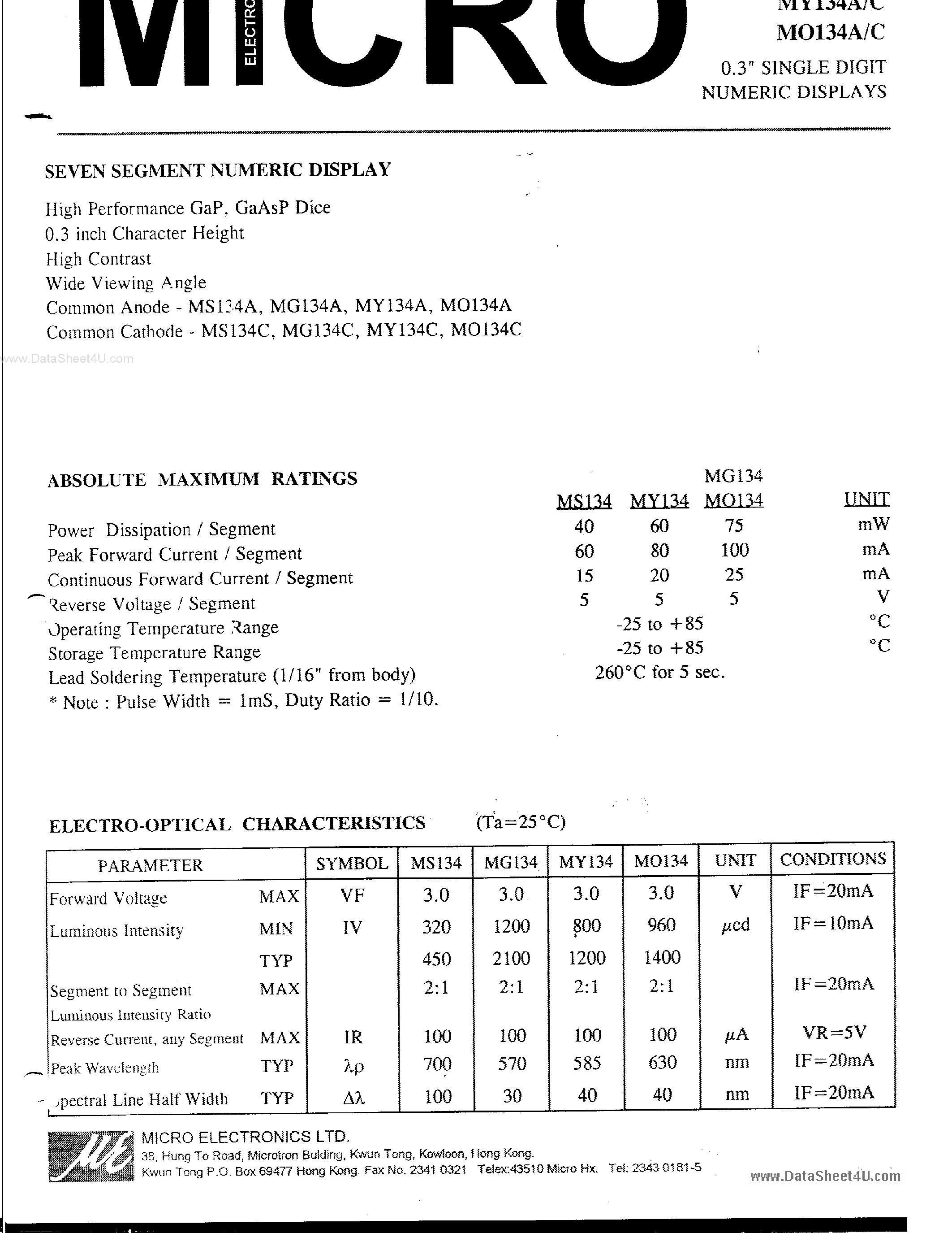 Datasheet MO134A - 0.3 SINGLE DIGIT NUMERIC DISPLAYS page 1