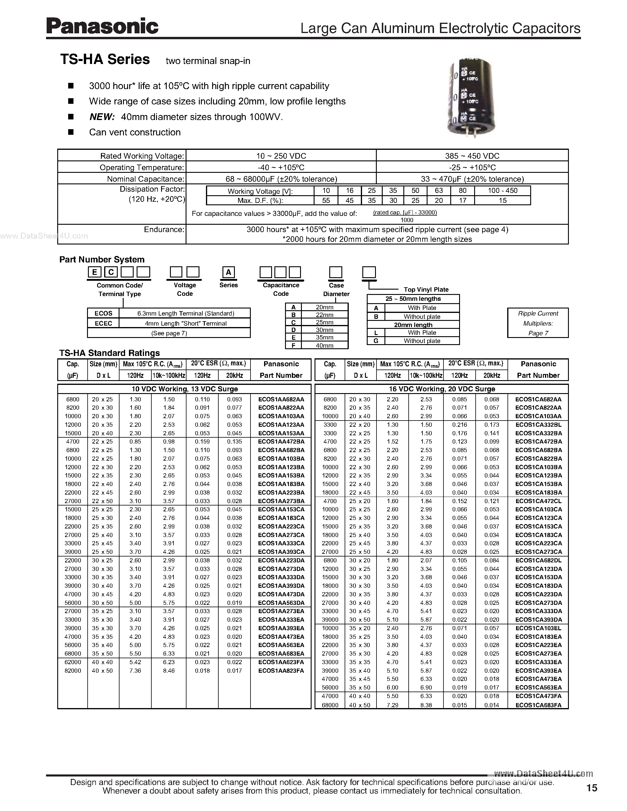 Datasheet ECOS1AA103AA page 1 Datasheet ECOS1AA103AA - Large Can Aluminum Electrolytic Capacitors page 1