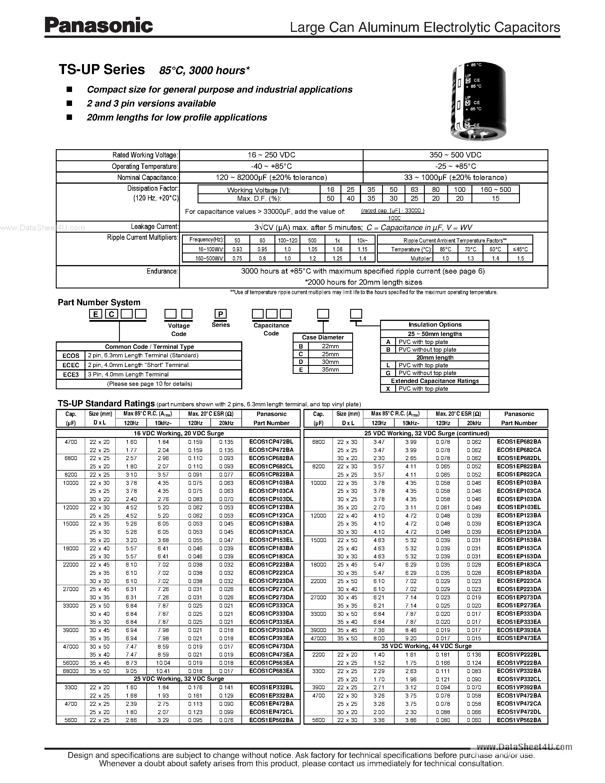 Datasheet ECOS1EP223DA page 1 Datasheet ECOS1EP223DA - Large Can Aluminum Electrolytic Capacitors page 1