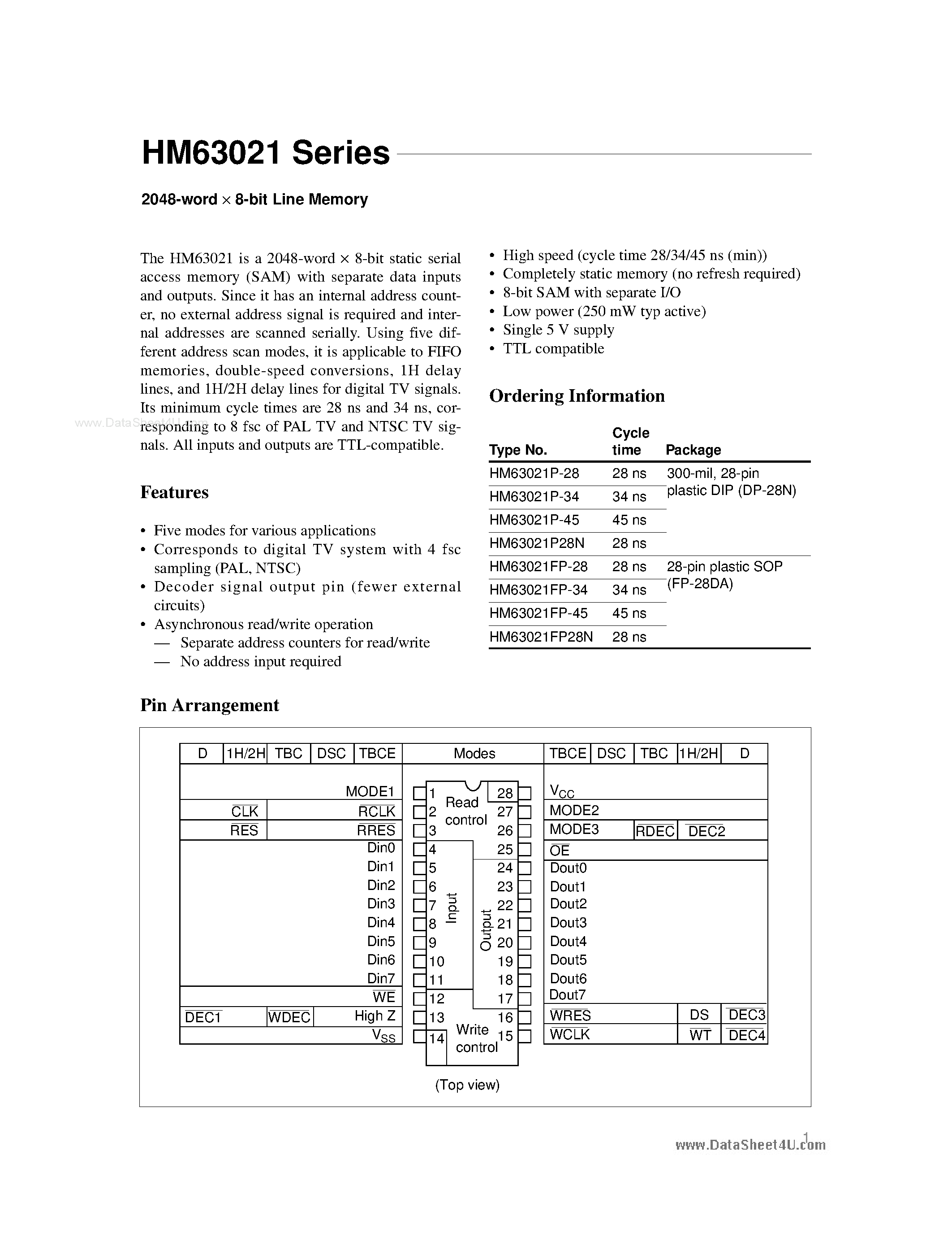 Даташит HM63021 - 2048-word x 8-bit Line Memory страница 1