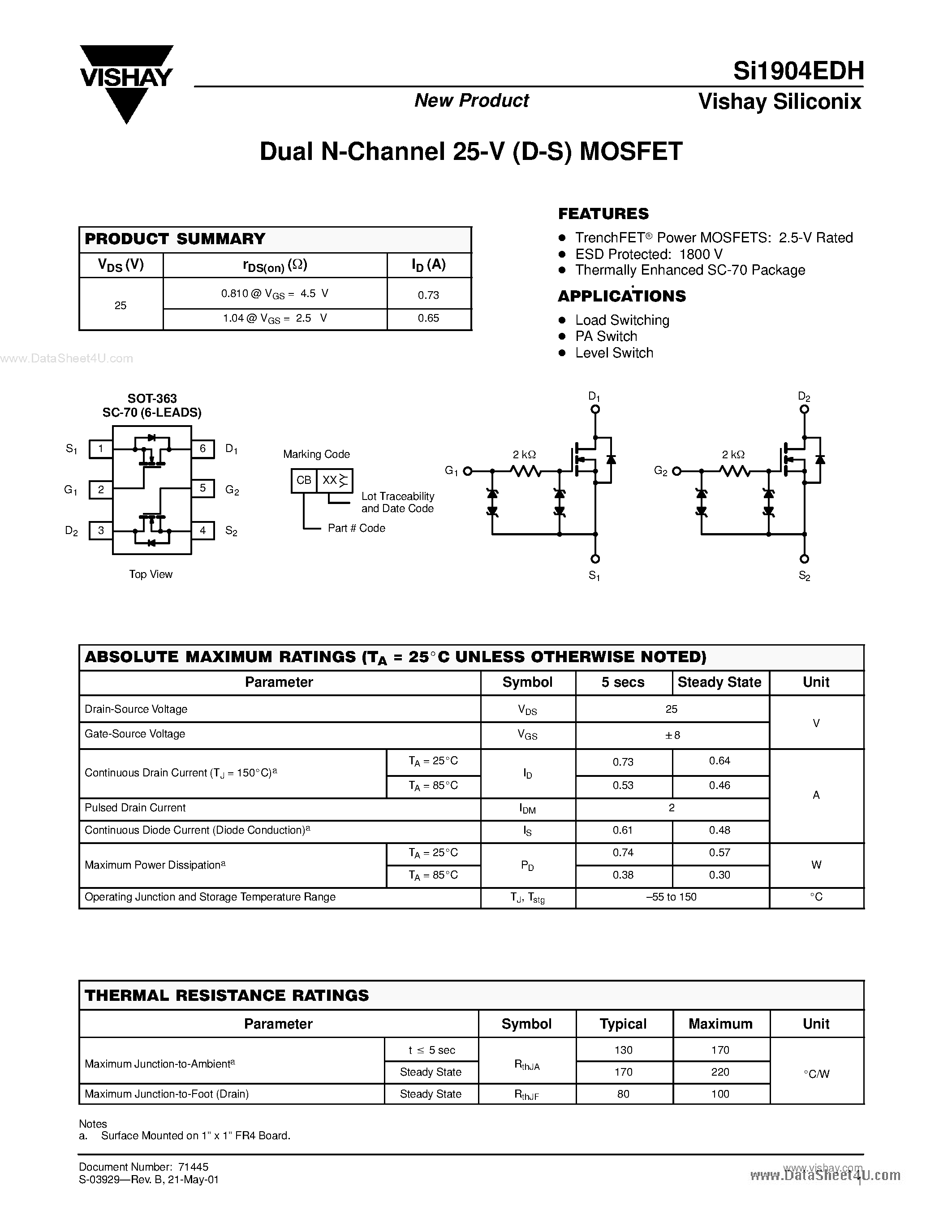 Даташит на микросхему SI1904EDH страница 1 Даташит SI1904EDH - DUAL N-CHANNEL 25-V (D-S) MOSFET страница 1