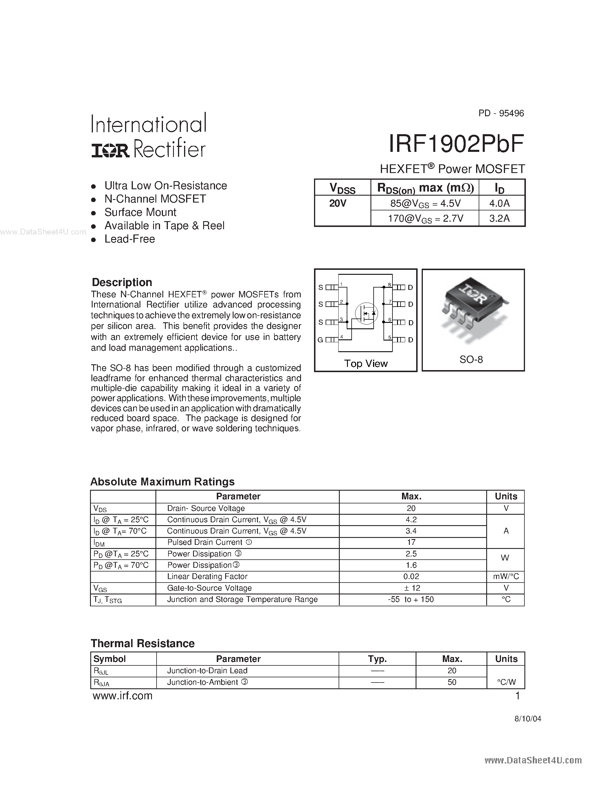 Даташит IRF1902PBF - HEXFET Power MOSFET страница 1