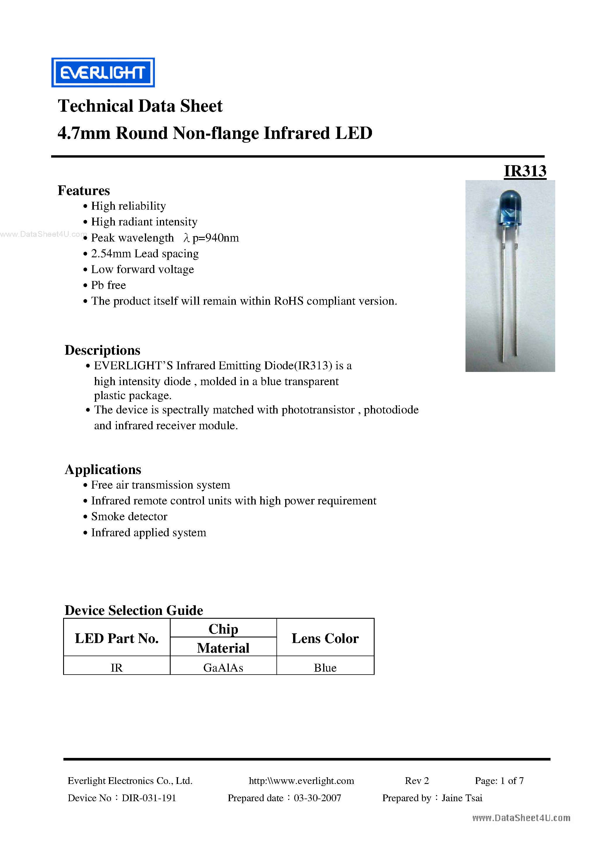 Даташит IR313 - 4.7mm Round Non-flange Infrared LED страница 1