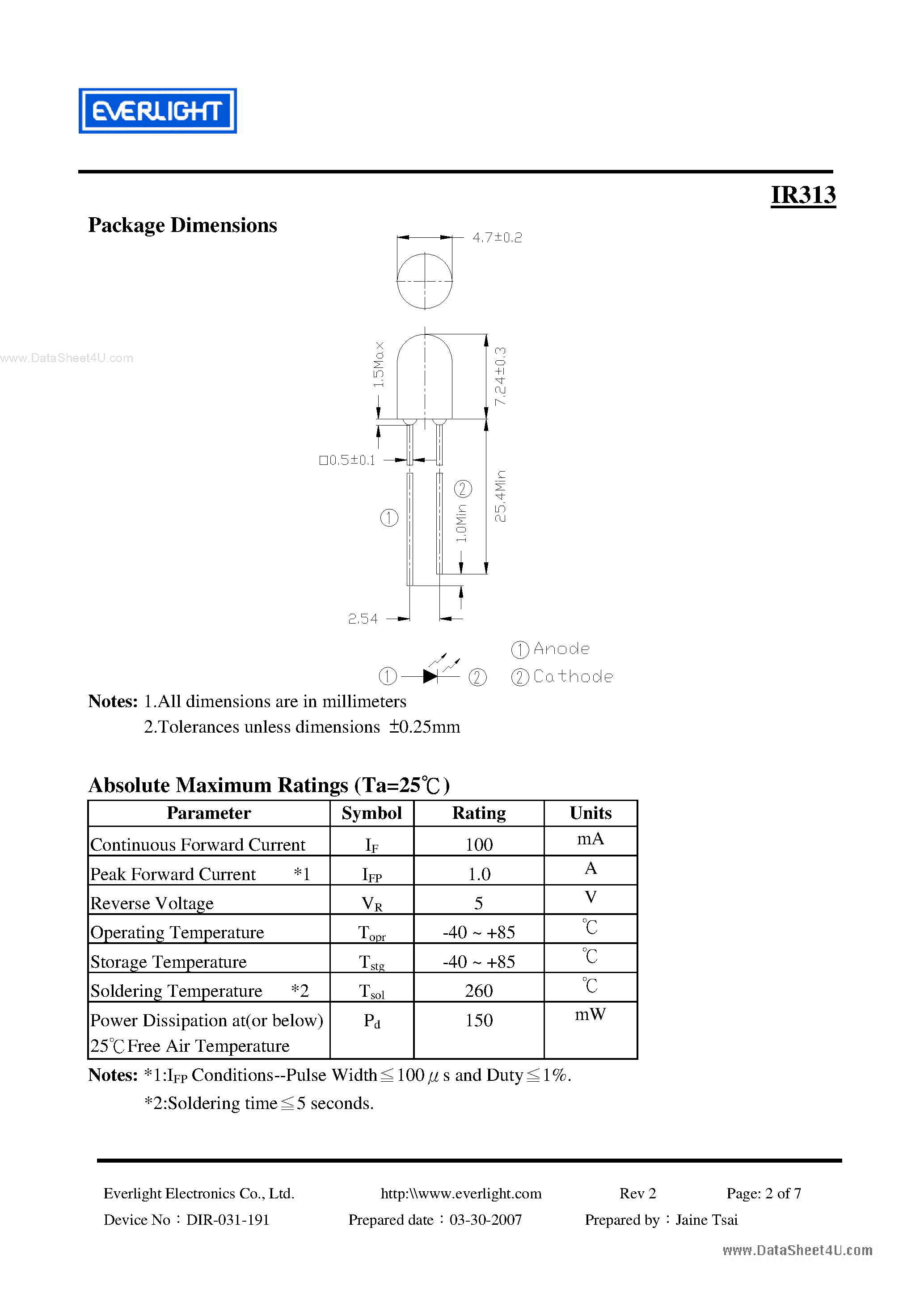 Даташит IR313 - 4.7mm Round Non-flange Infrared LED страница 2