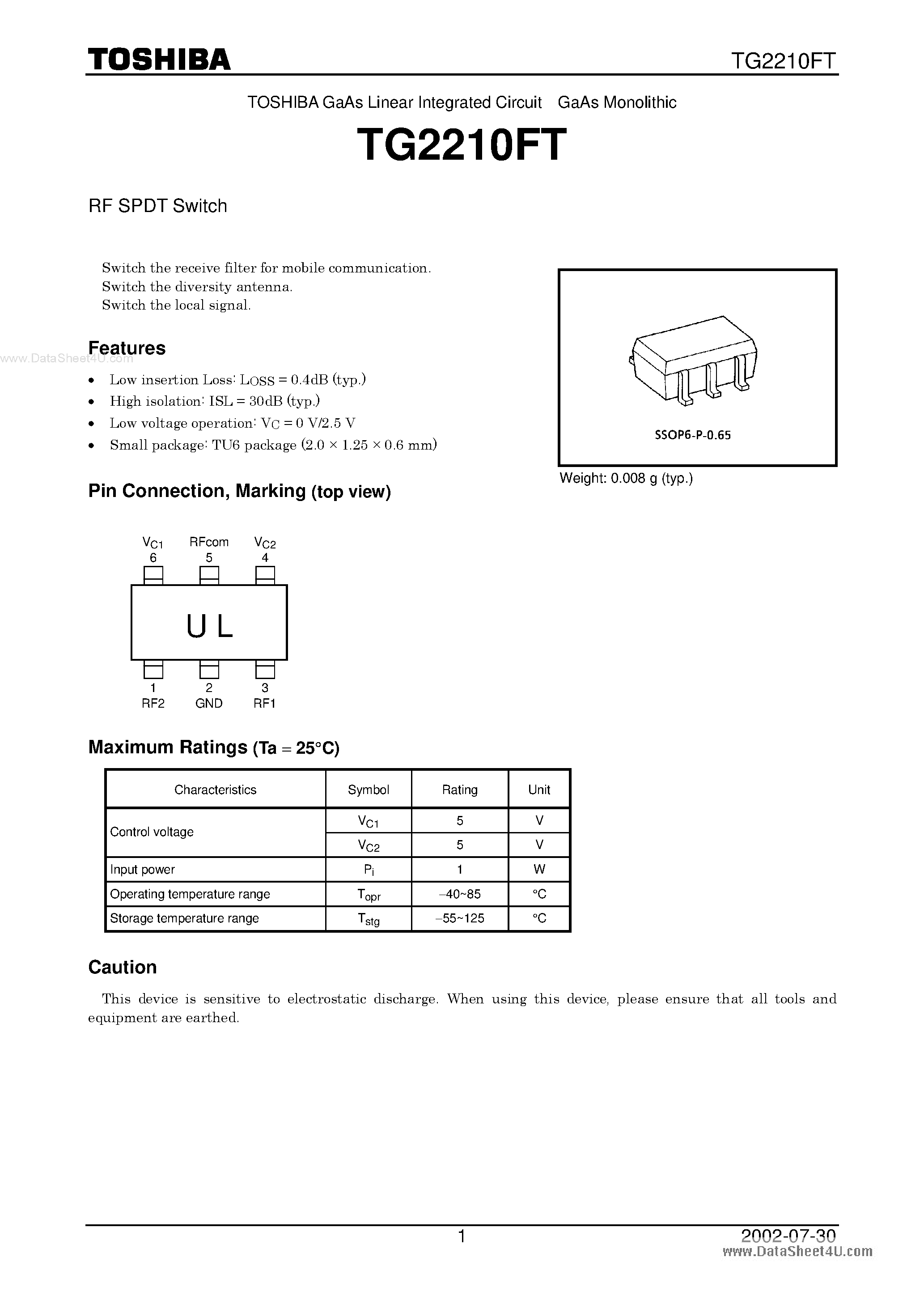 Datasheet TG2210FT page 1 Datasheet TG2210FT - RF SPDT Switch page 1
