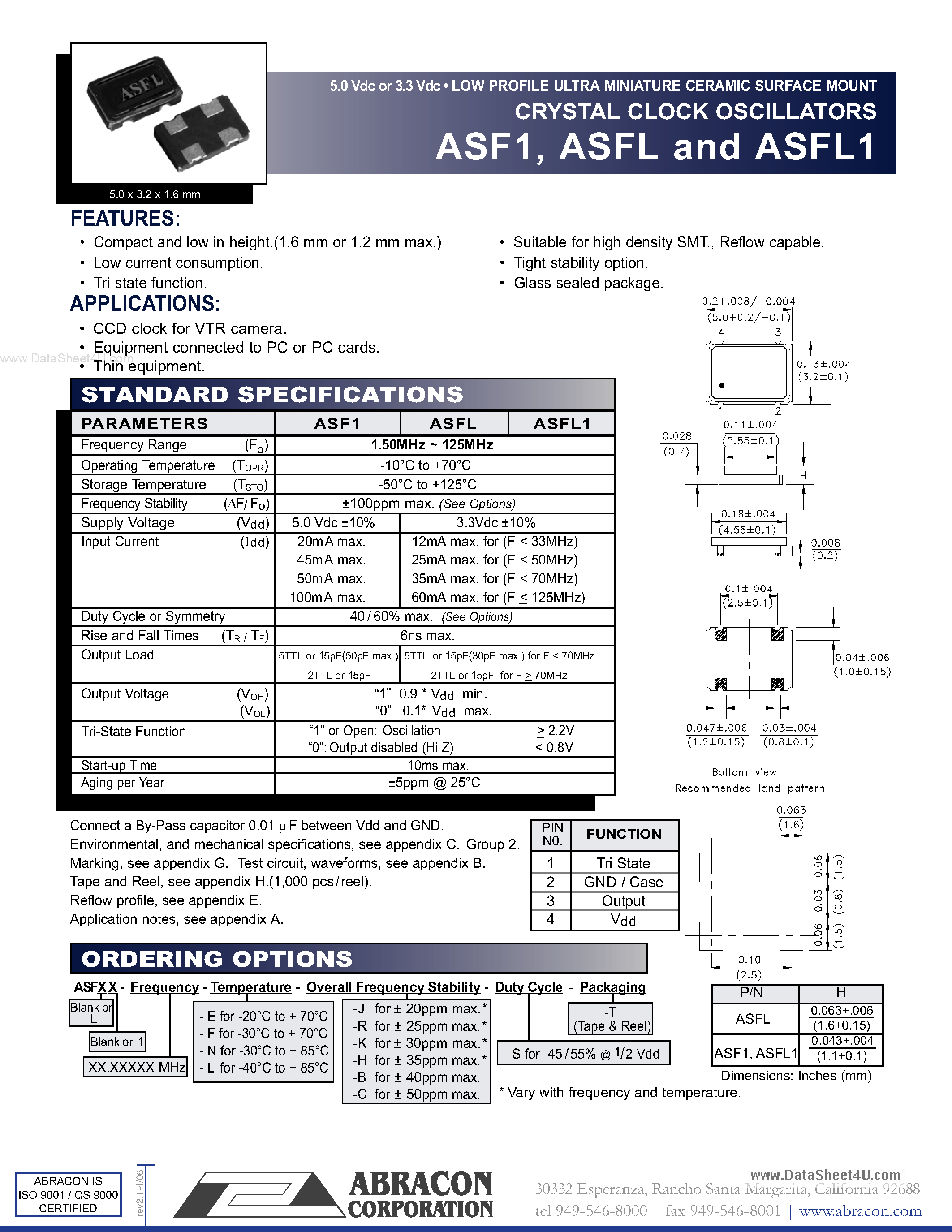 Datasheet ASF1 - 5.0 Vdc or 3.3 Vdc LOW PROFILE ULTRA MINIATURE CERAMIC SURFACE MOUNT CRYSTAL CLOCK OSCILLATORS page 1