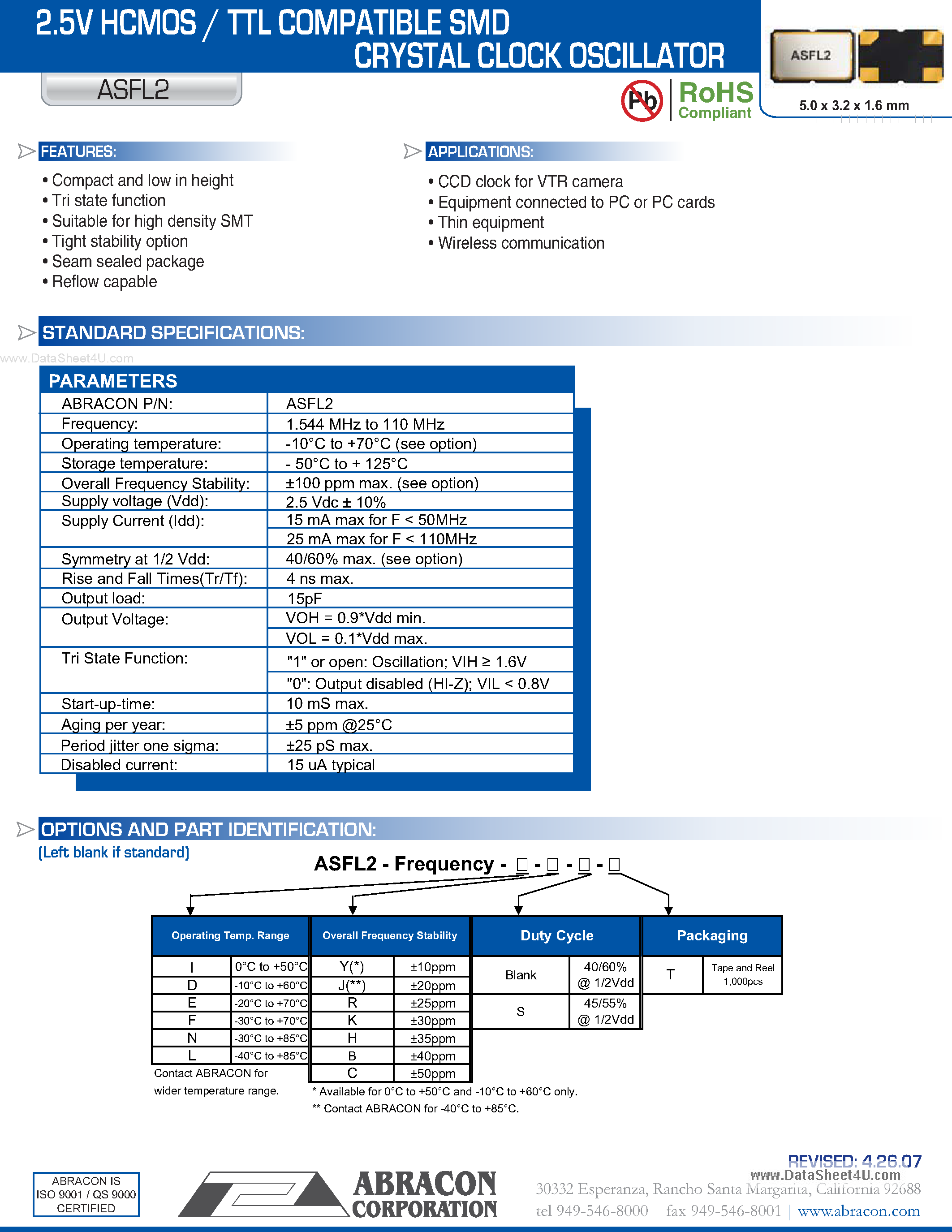 Datasheet ASFL2 - 2.5V HCMOS / TTL COMPATIBLE SMD CRYSTAL CLOCK OSCILLATOR page 1