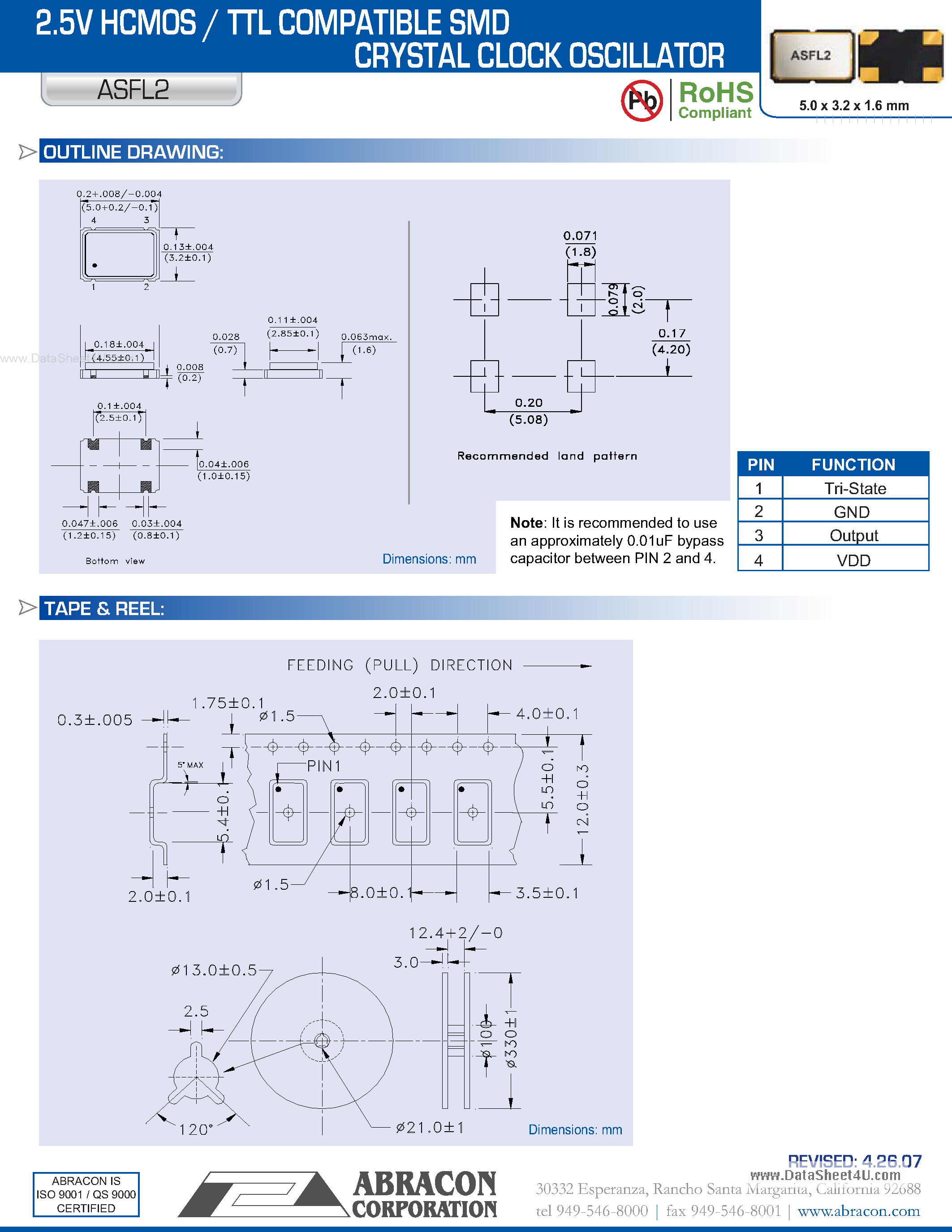 Datasheet ASFL2 - 2.5V HCMOS / TTL COMPATIBLE SMD CRYSTAL CLOCK OSCILLATOR page 2