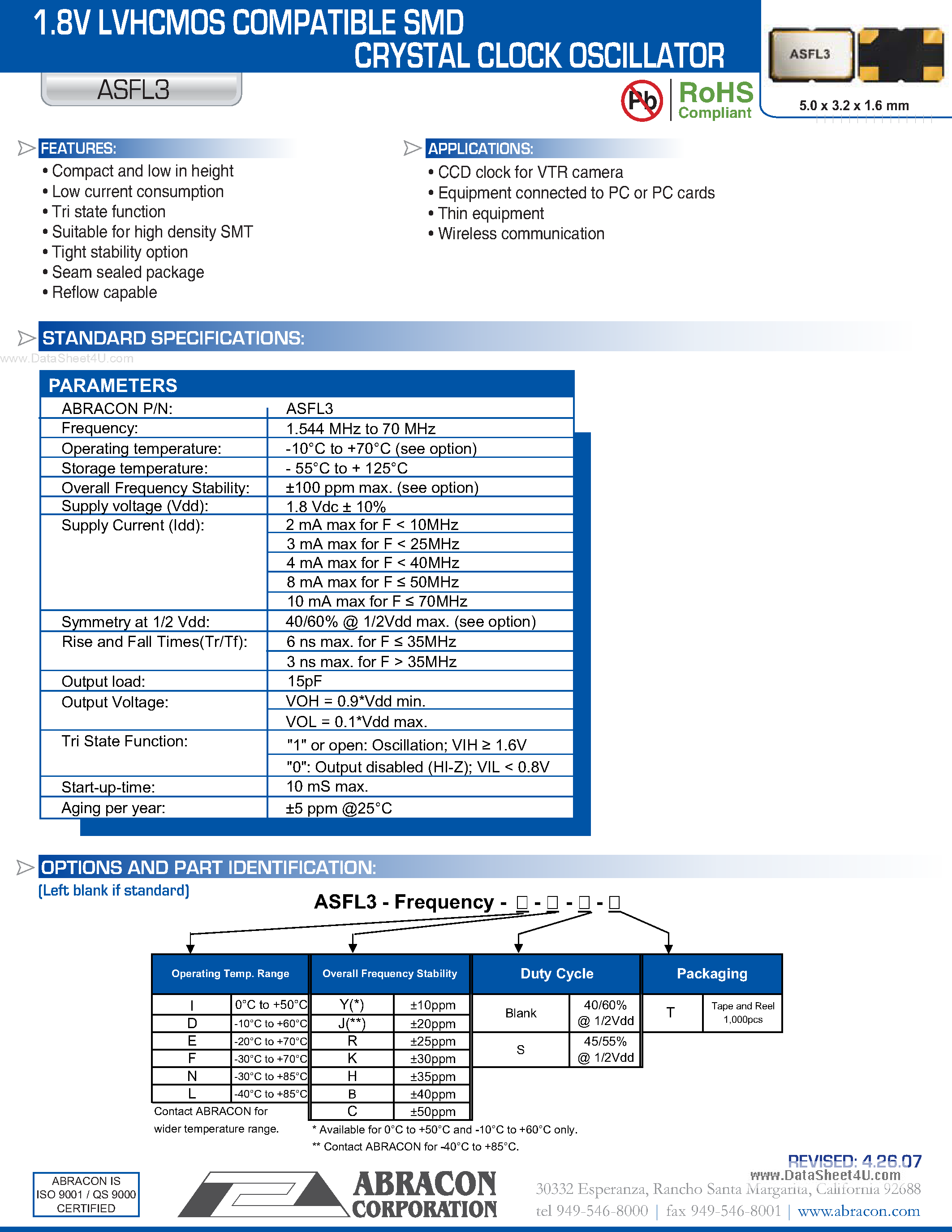 Даташит на микросхему ASFL3 страница 1 Даташит ASFL3 - 1.8V LVHCMOS COMPATIBLE SMD CRYSTAL CLOCK OSCILLATOR страница 1
