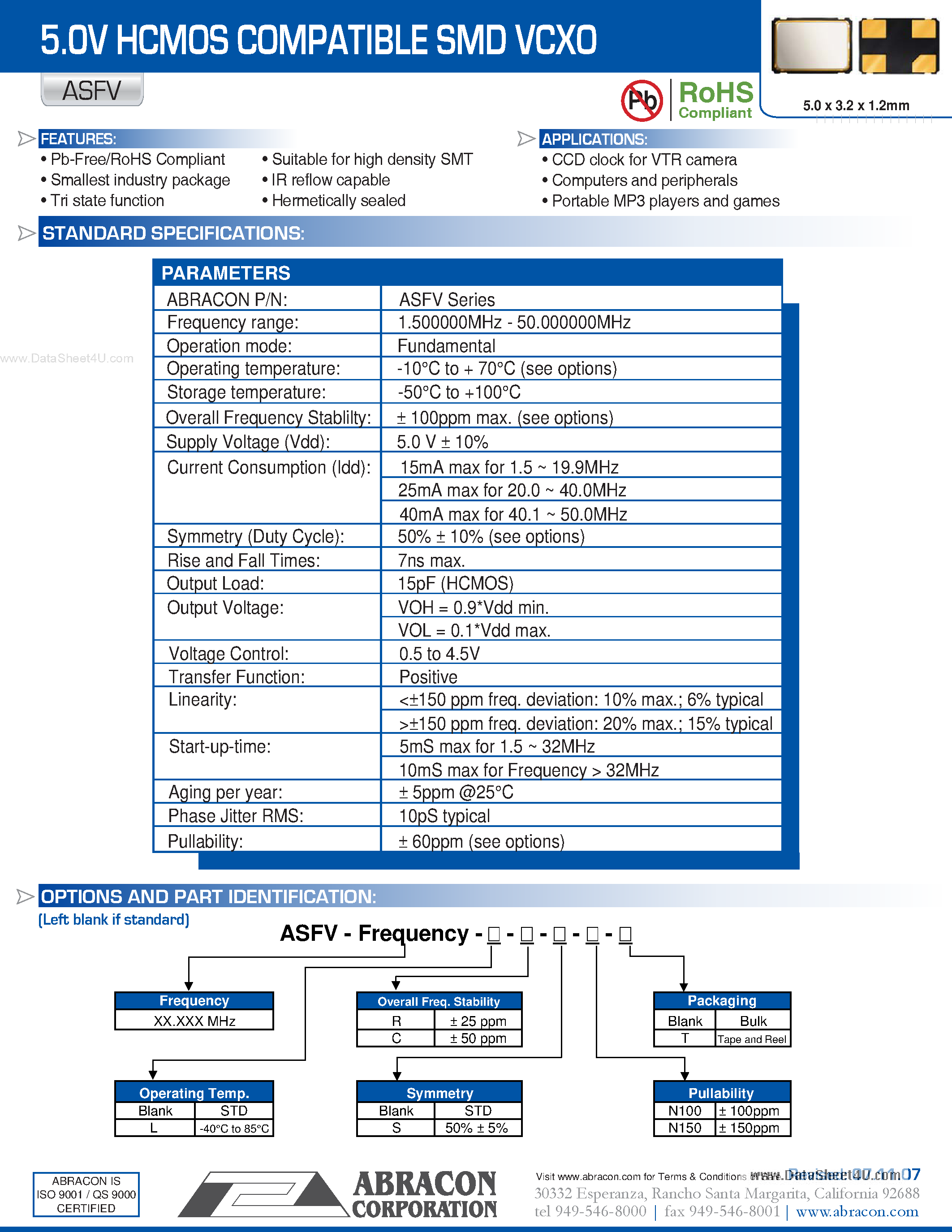 Datasheet ASFV - 5.0V HCMOS COMPATIBLE SMD VCXO page 1