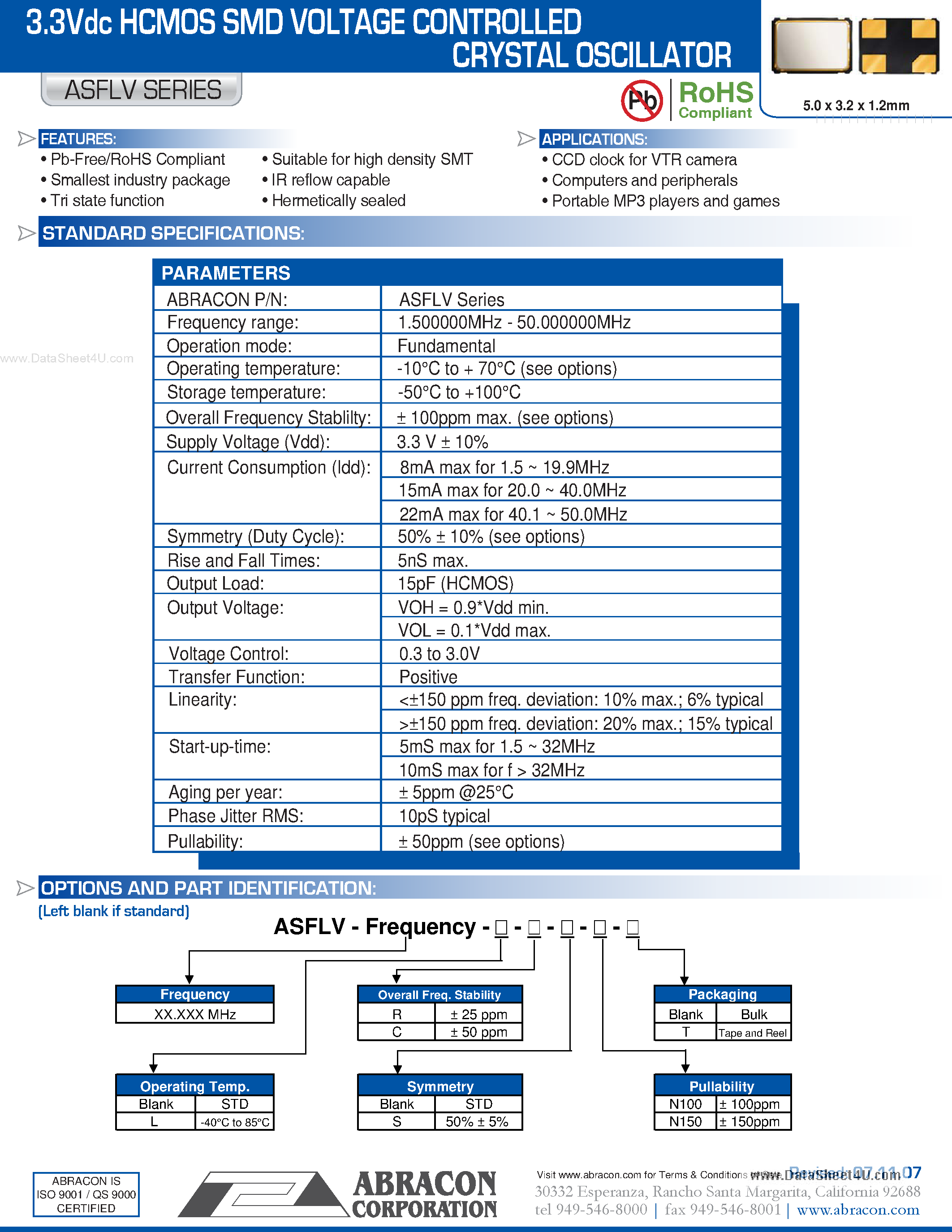 Datasheet ASFLV page 1 Datasheet ASFLV - 3.3Vdc HCMOS SMD VOLTAGE CONTROLLED CRYSTAL OSCILLATOR page 1