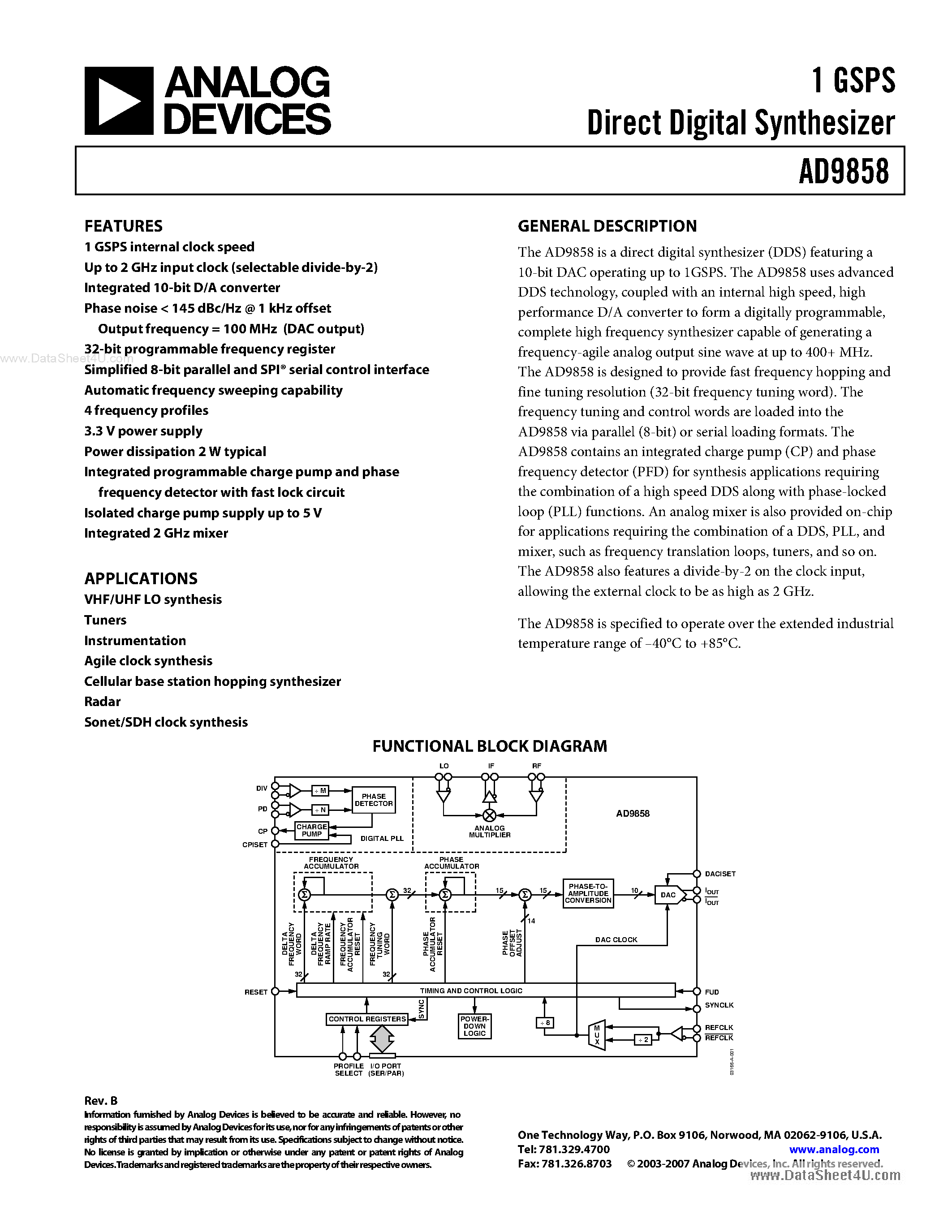 Datasheet AD9858 page 1 Datasheet AD9858 - 1 GSPS Direct Digital Synthesizer page 1