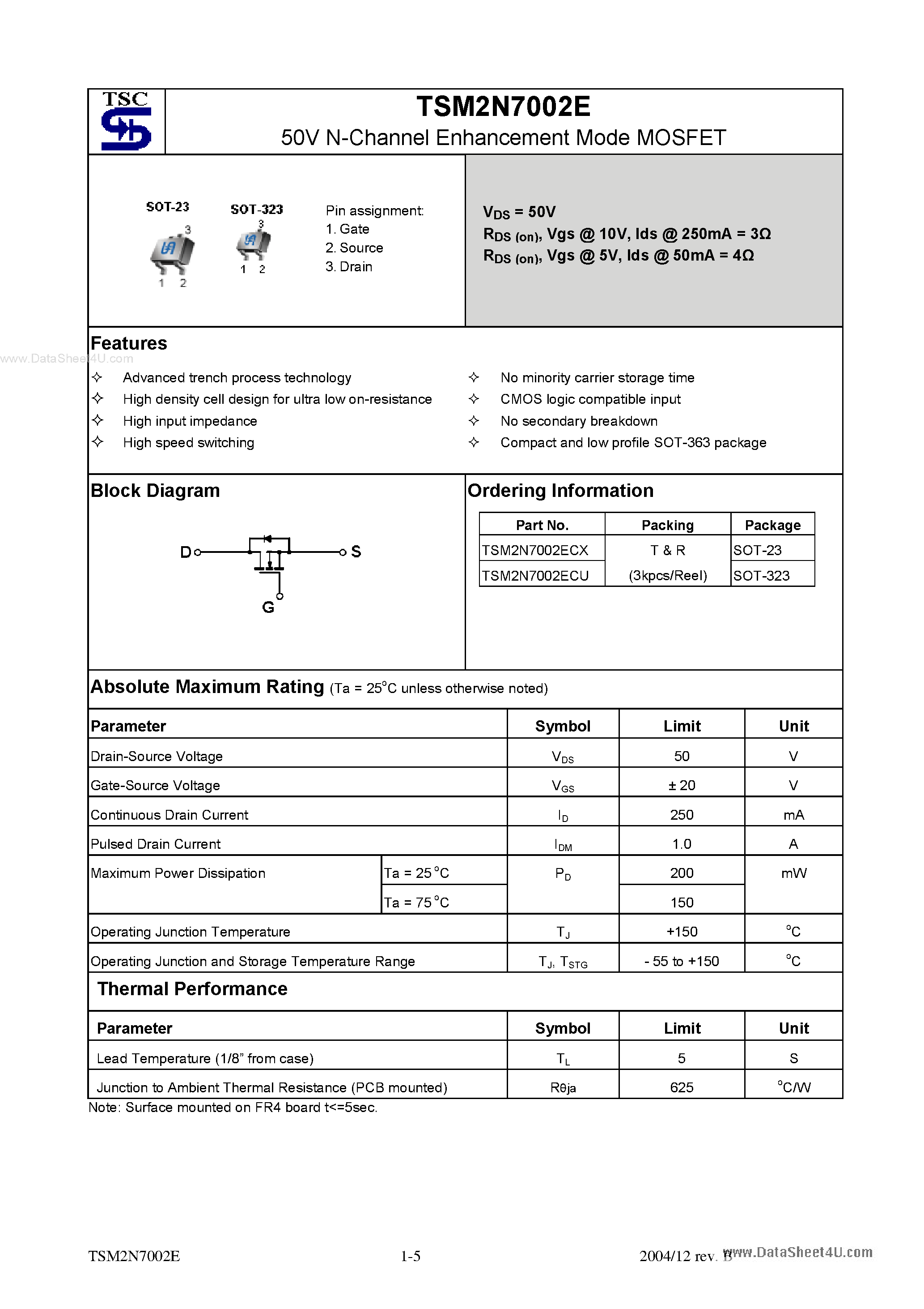 Datasheet TSM2N7002E - 50V N-Channel Enhancement Mode MOSFET page 1