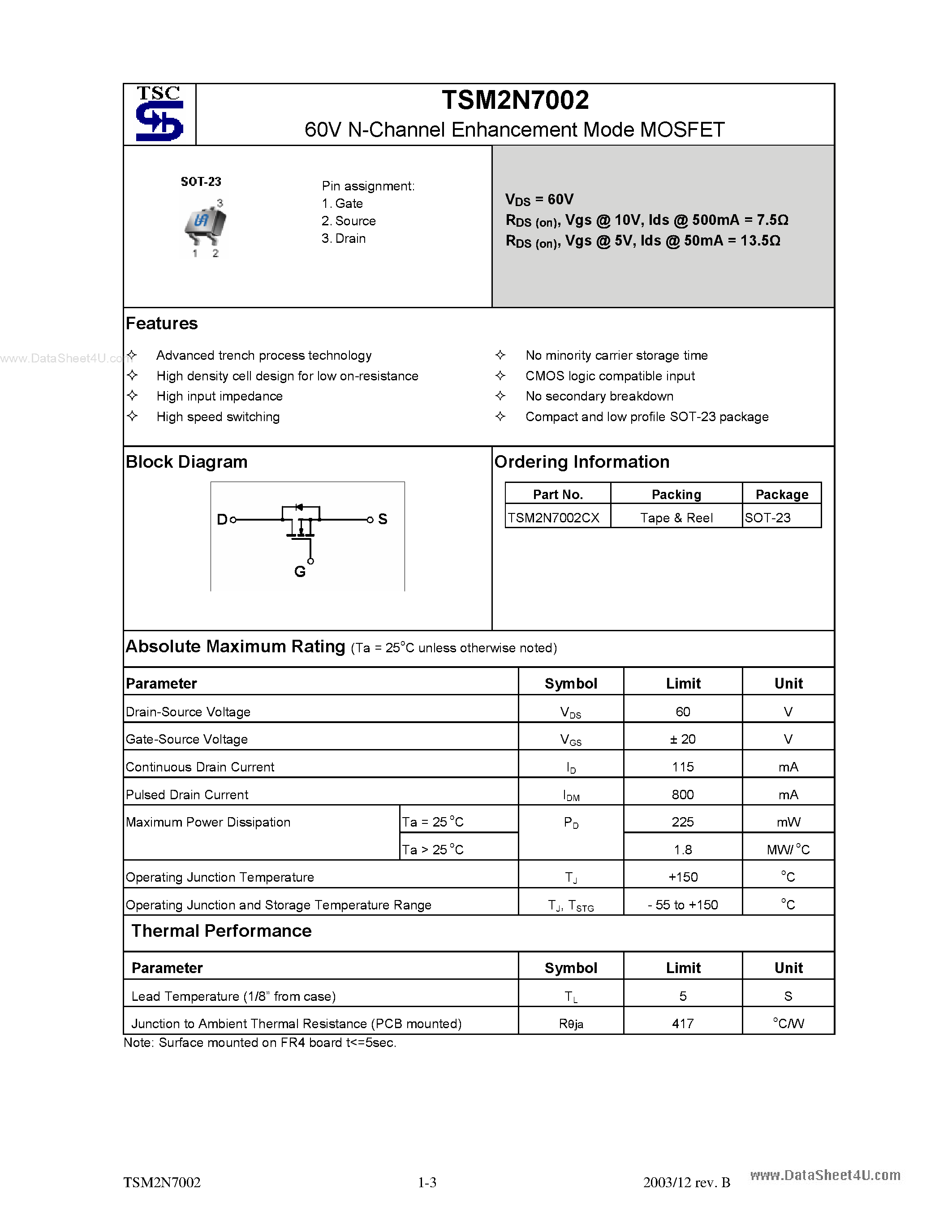 Datasheet TSM2N7002 page 1 Datasheet TSM2N7002 - 60V N-Channel Enhancement Mode MOSFET page 1