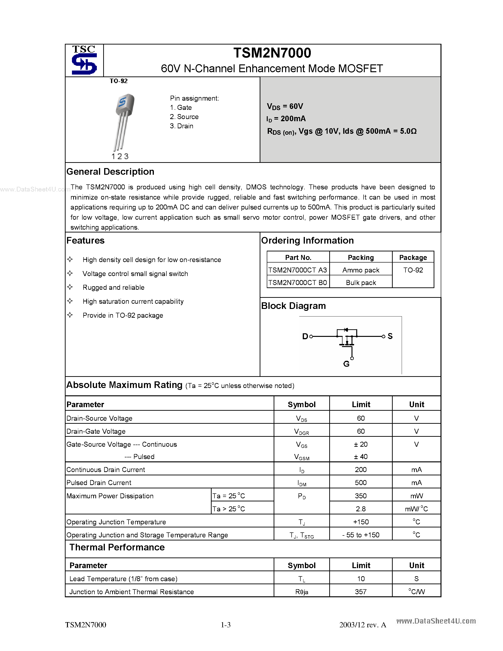 Datasheet TSM2N7000 - 60V N-Channel Enhancement Mode MOSFET page 1