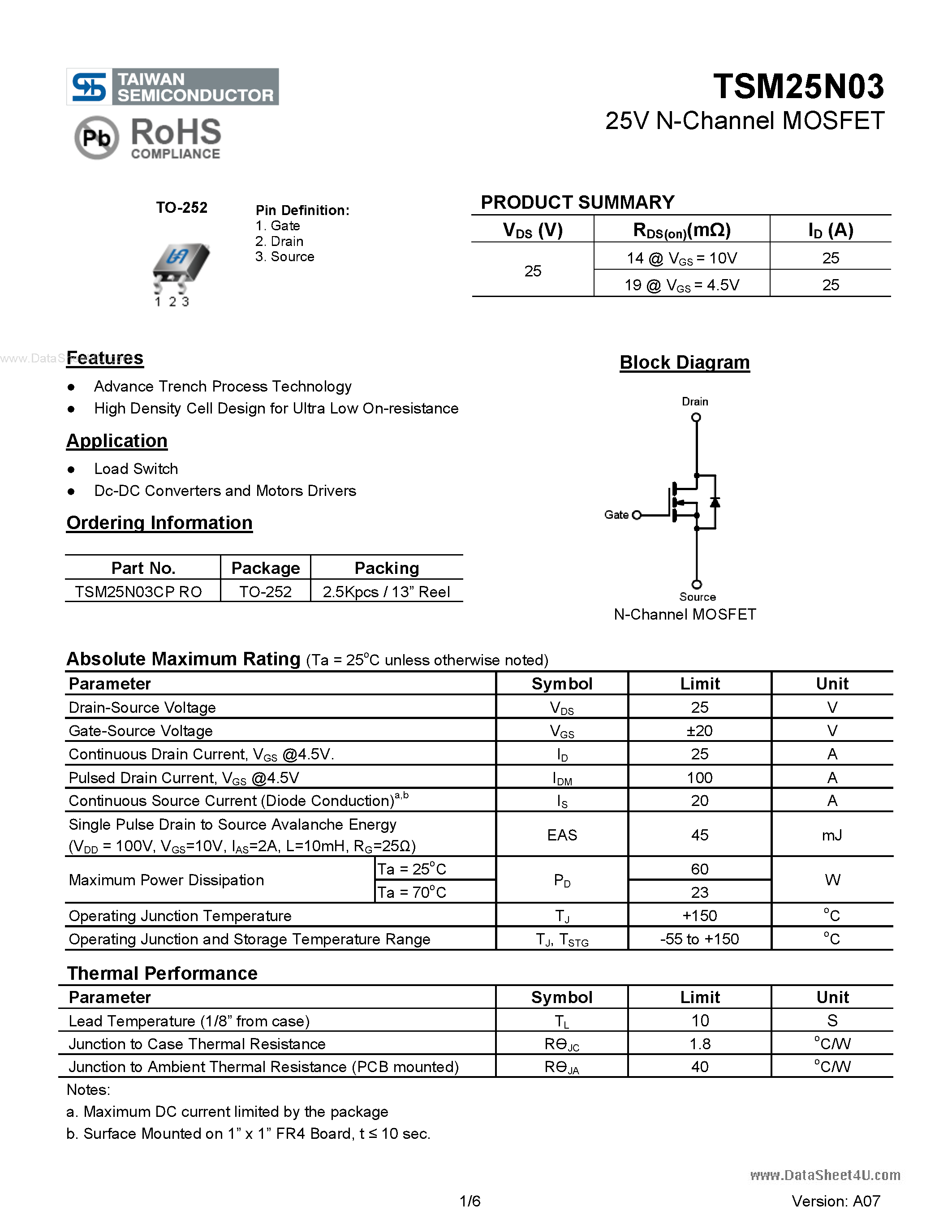 Datasheet TSM25N03 page 1 Datasheet TSM25N03 - 25V N-Channel MOSFET page 1
