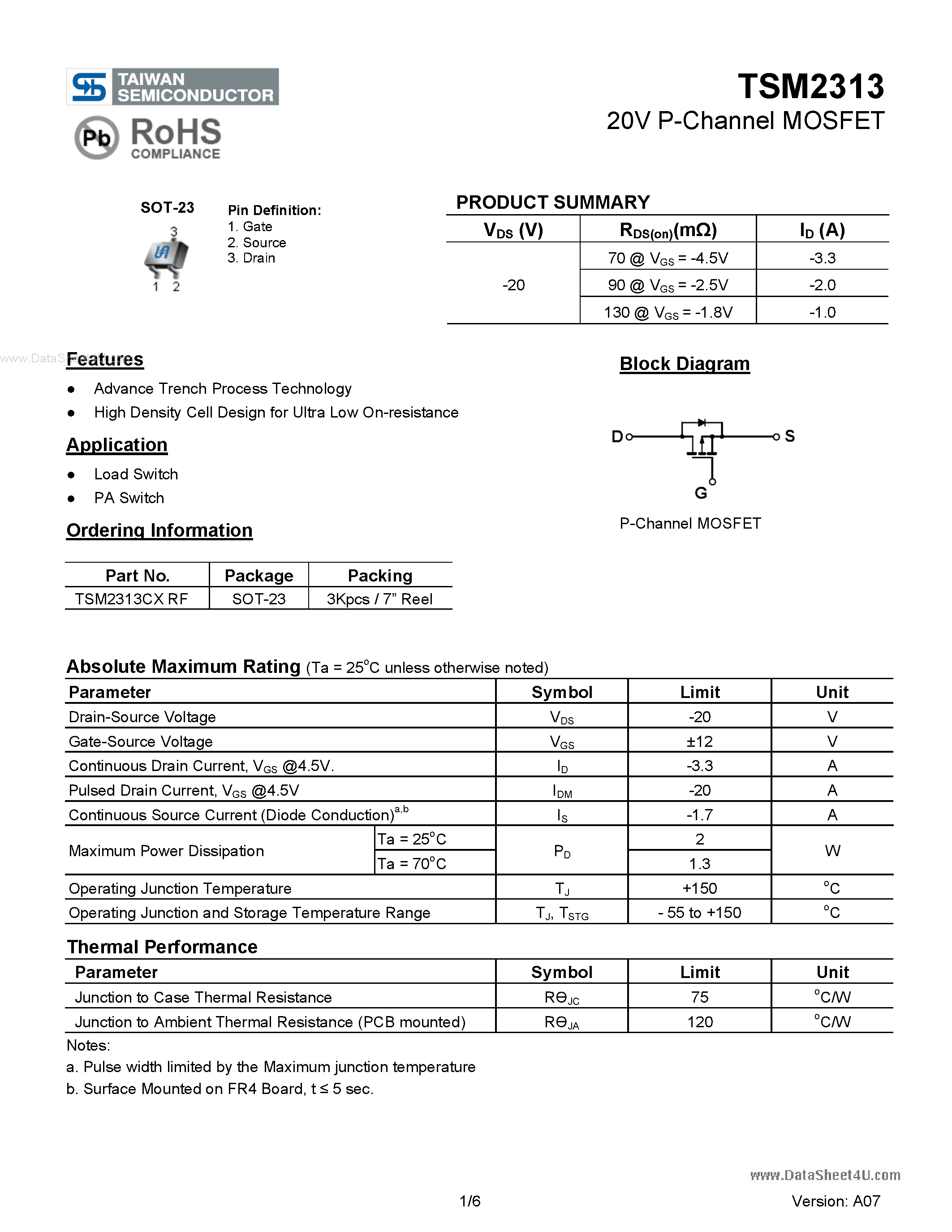 Datasheet TSM2313 page 1 Datasheet TSM2313 - 20V P-Channel MOSFET page 1