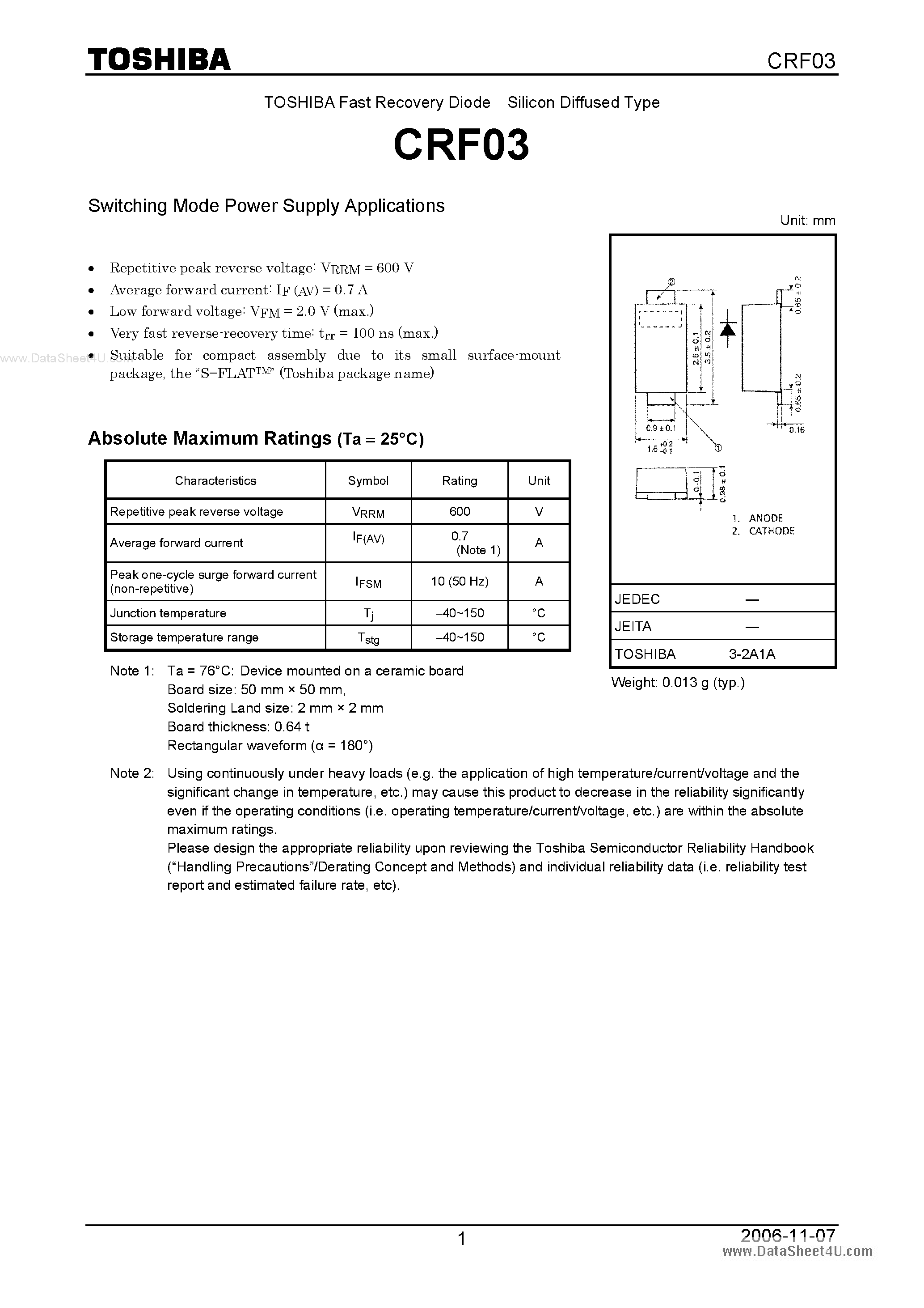 Даташит на микросхему CRF03 страница 1 Даташит CRF03 - Switching Mode Power Supply Applications страница 1