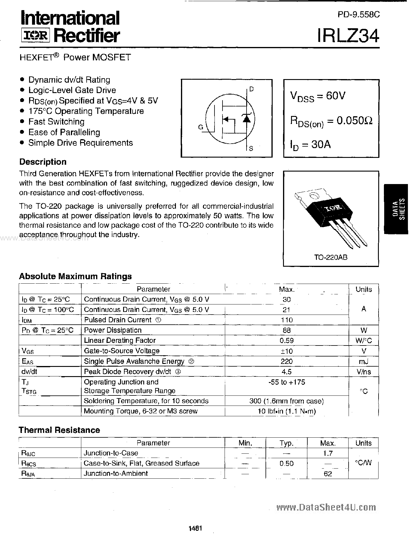 Datasheet IRLZ34 - HEXFET POWER MOSFET page 1