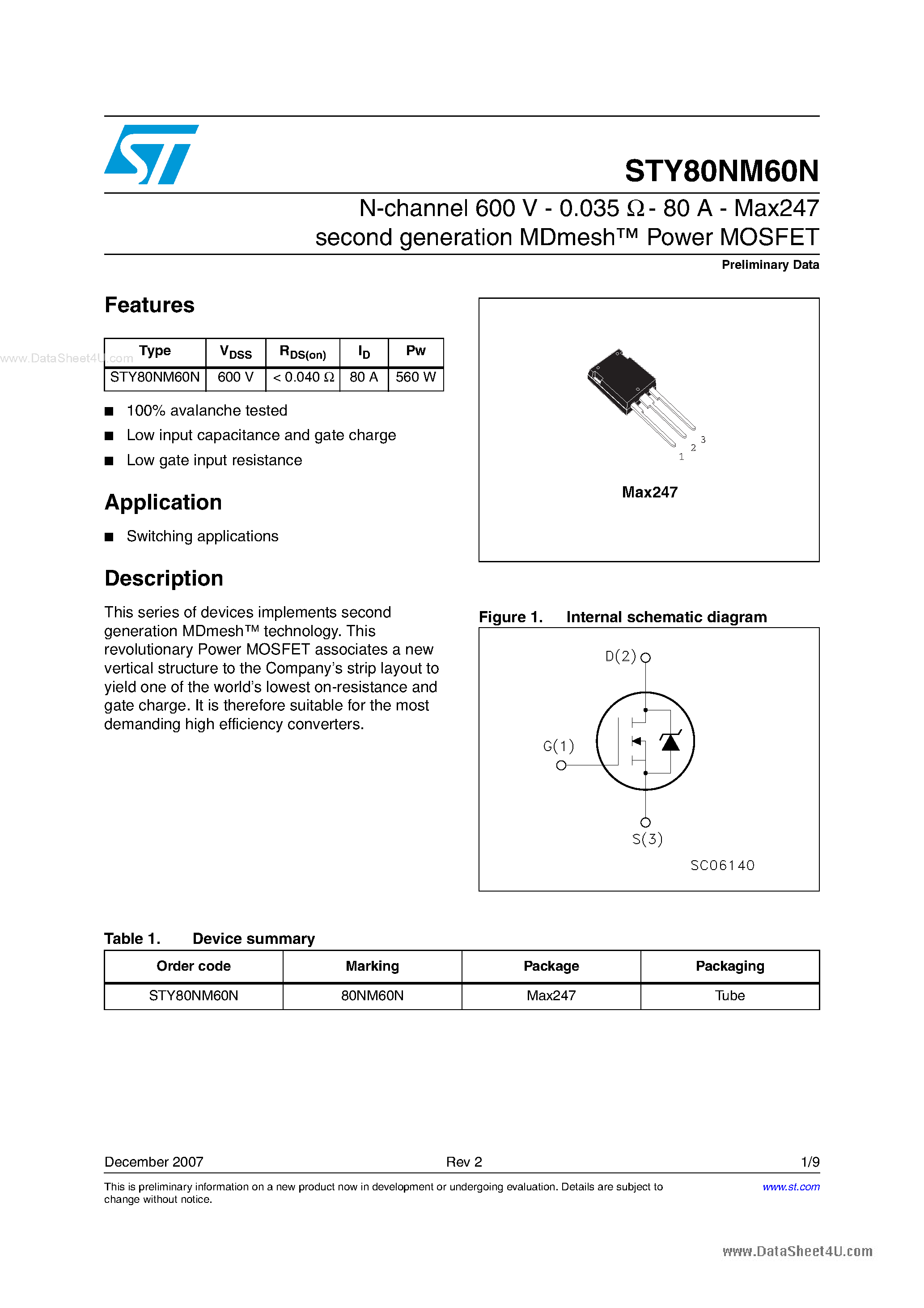 Datasheet STY80NM60N - N-channel Power MOSFET page 1