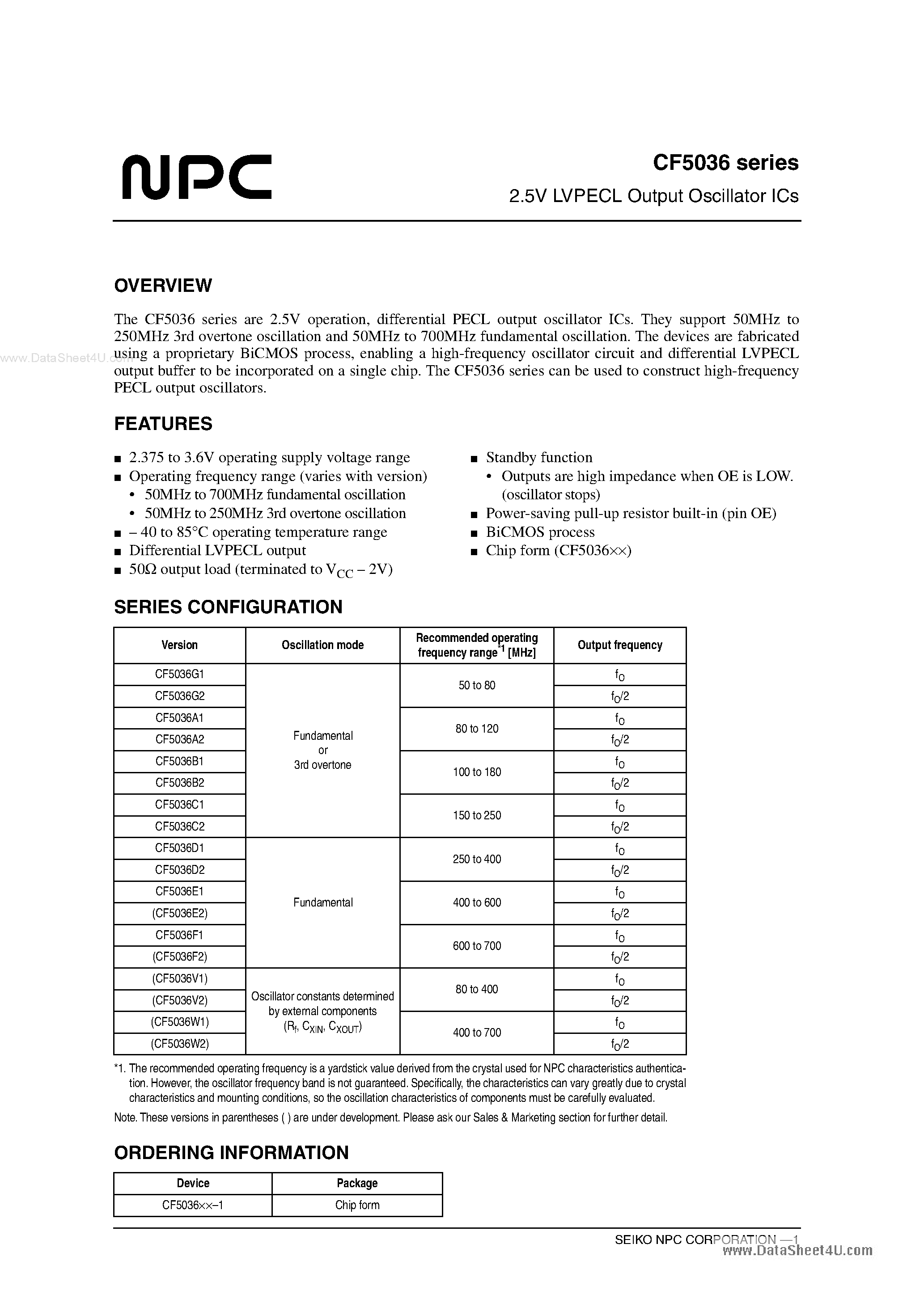 Даташит на микросхему CF5036 страница 1 Даташит CF5036 - 2.5V LVPECL Output Oscillator ICs страница 1