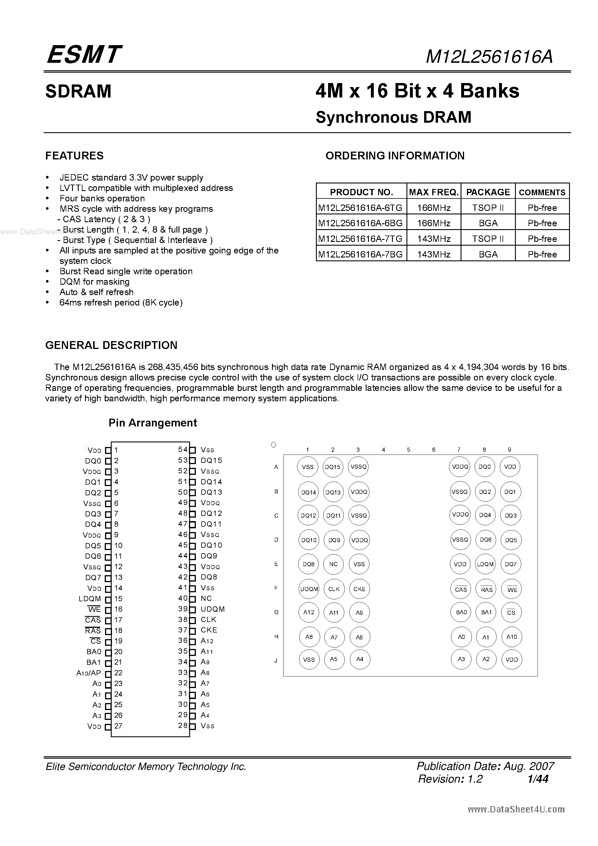 Datasheet M12L2561616A page 1 Datasheet M12L2561616A - 6 Bit x 4 Banks Synchronous DRAM page 1