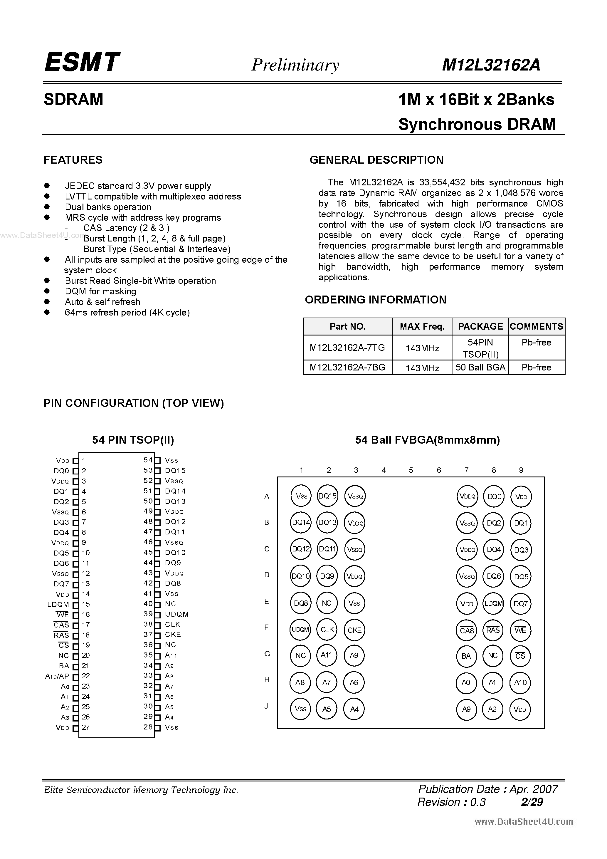 Datasheet M12L32162A - 1M x 16Bit x 2Banks Synchronous DRAM page 2