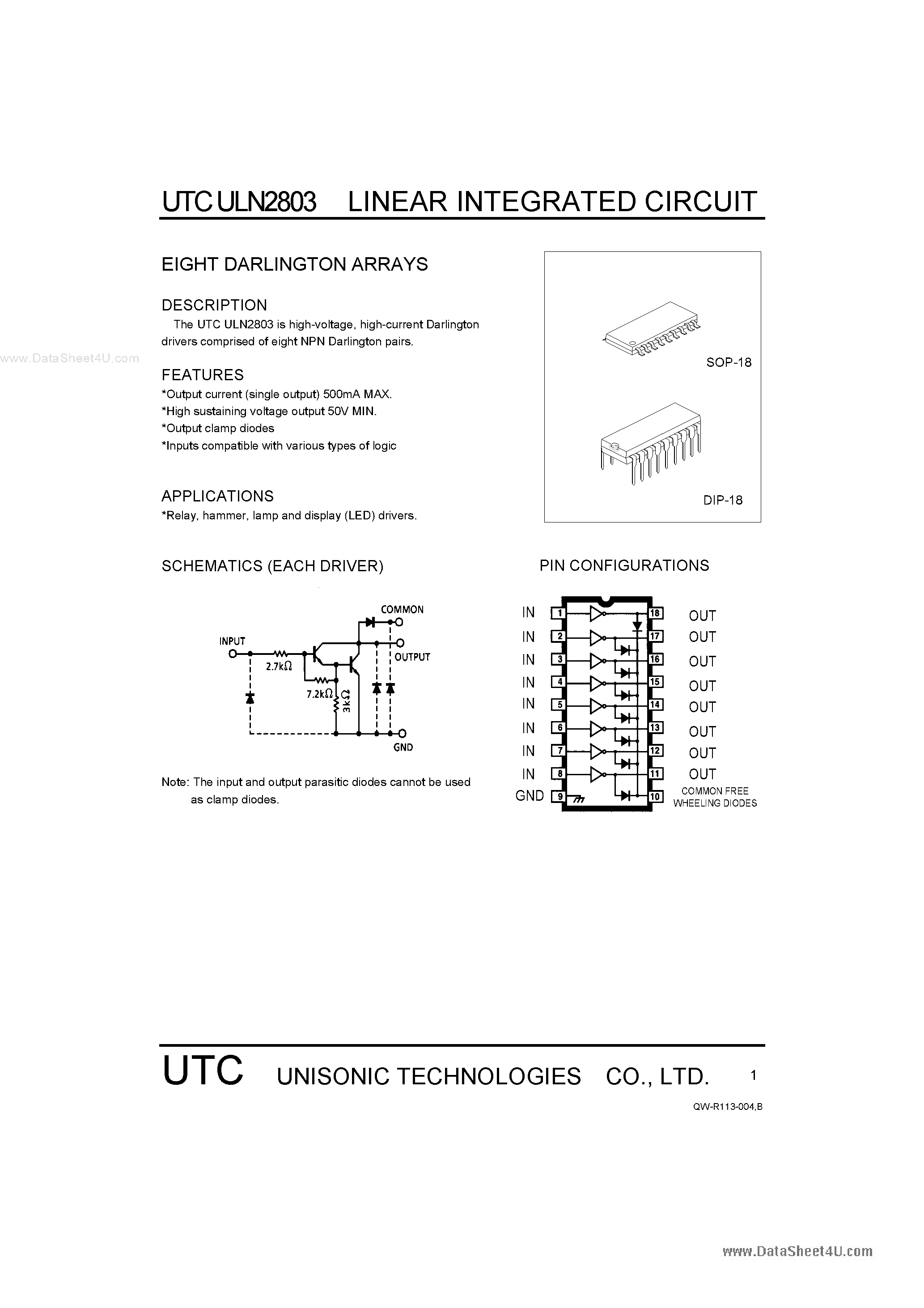 Datasheet ULN2803 page 1 Datasheet ULN2803 - EIGHT DARLINGTON ARRAYS page 1