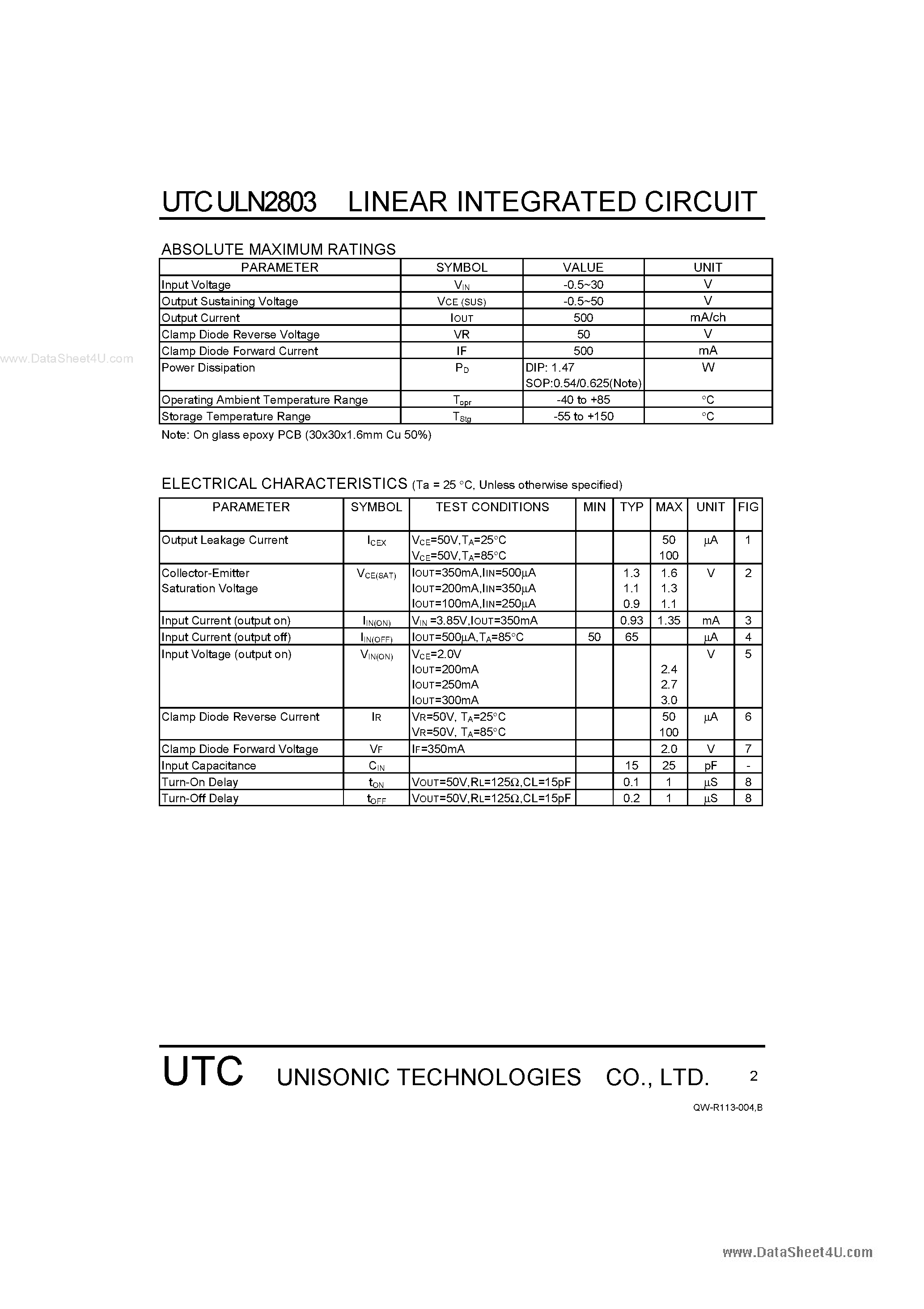 Datasheet ULN2803 page 2 Datasheet ULN2803 - EIGHT DARLINGTON ARRAYS page 2