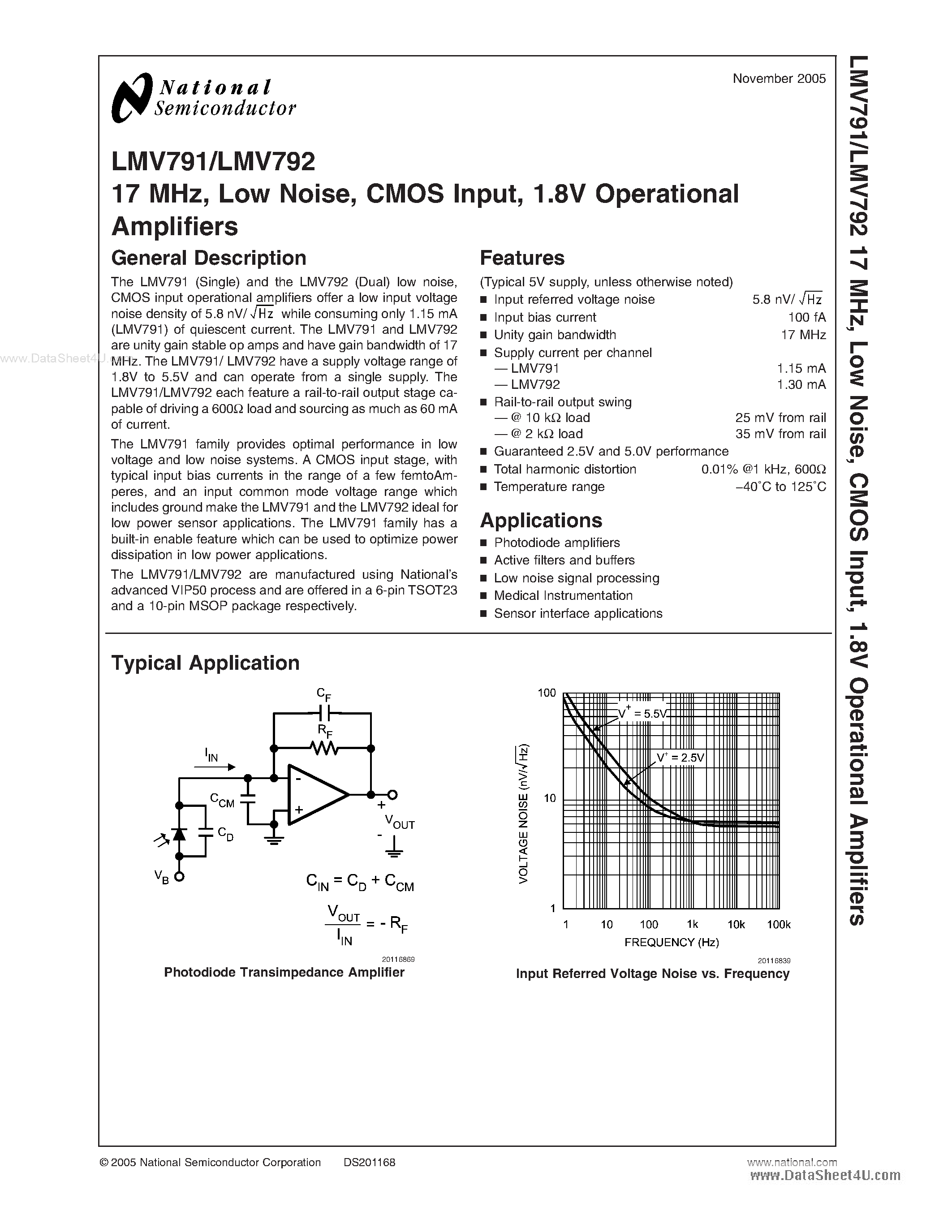 Даташит на микросхему LMV792 страница 1 Даташит LMV792 - 1.8V Operational Amplifier страница 1