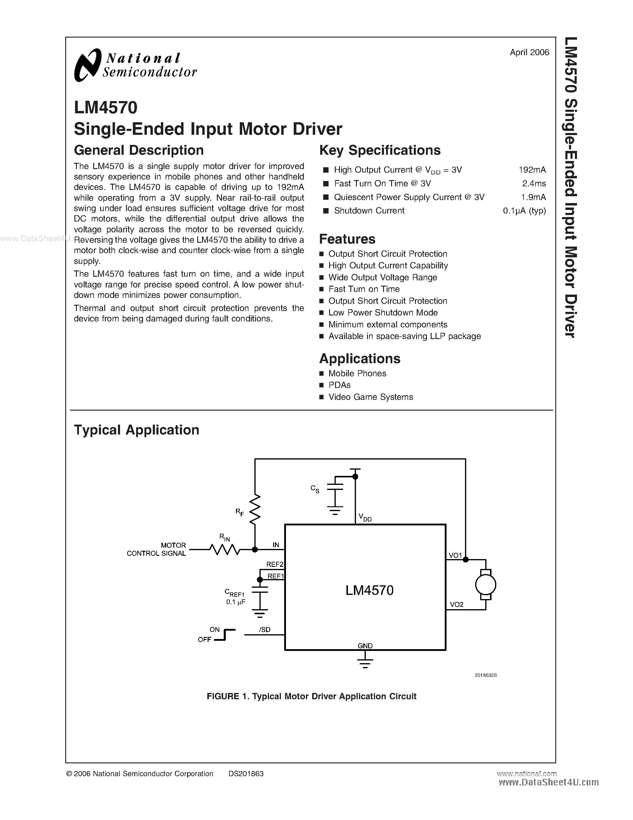 Datasheet LM4570 page 1 Datasheet LM4570 - Single-Ended Input Motor Driver page 1