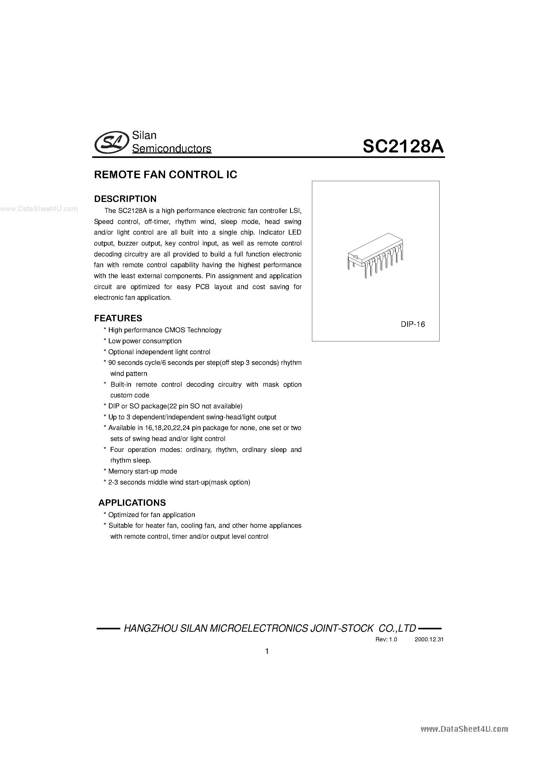 Datasheet SC2128A - REMOTE FAN CONTROL IC page 1