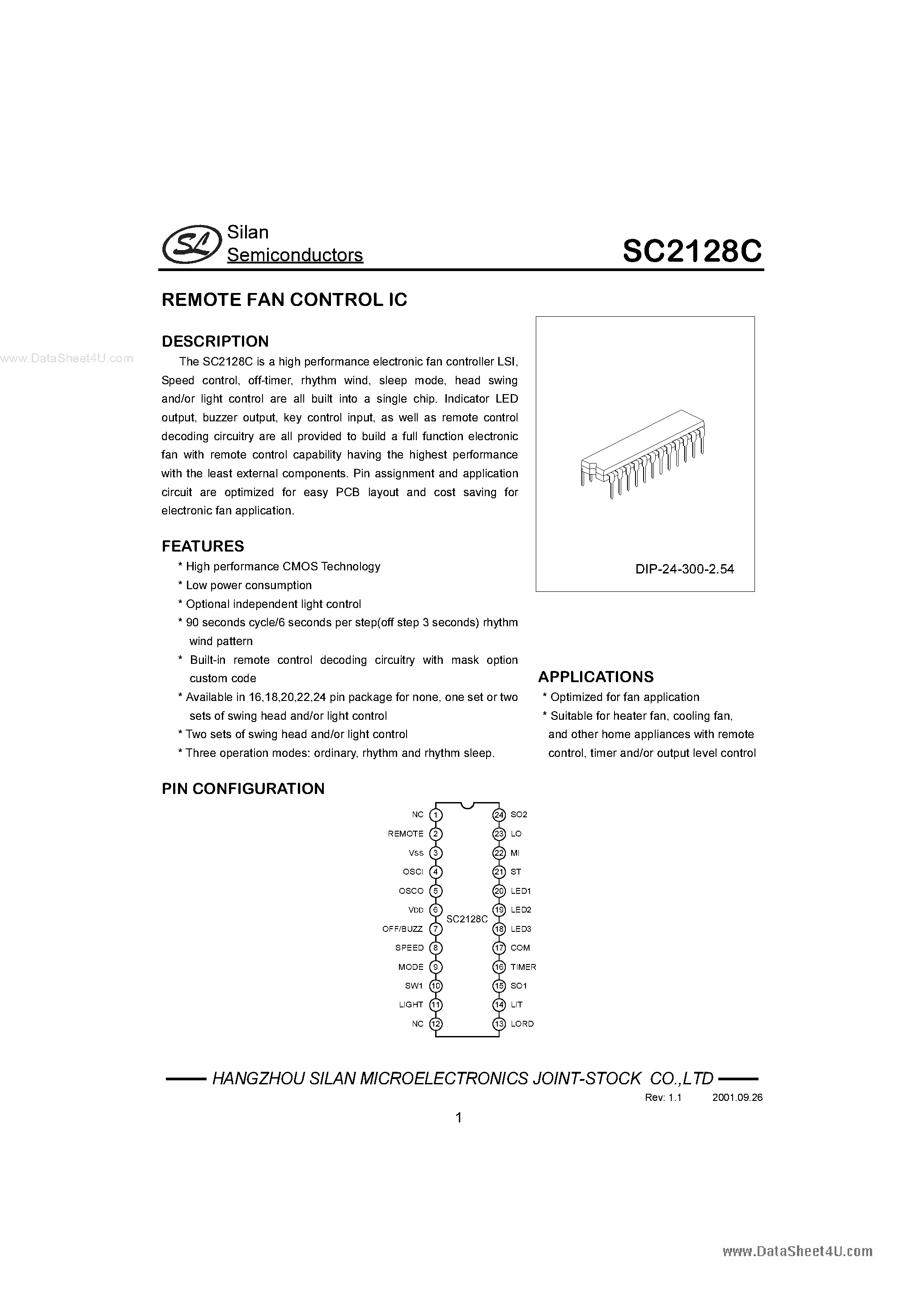 Datasheet SC2128C - REMOTE FAN CONTROL IC page 1